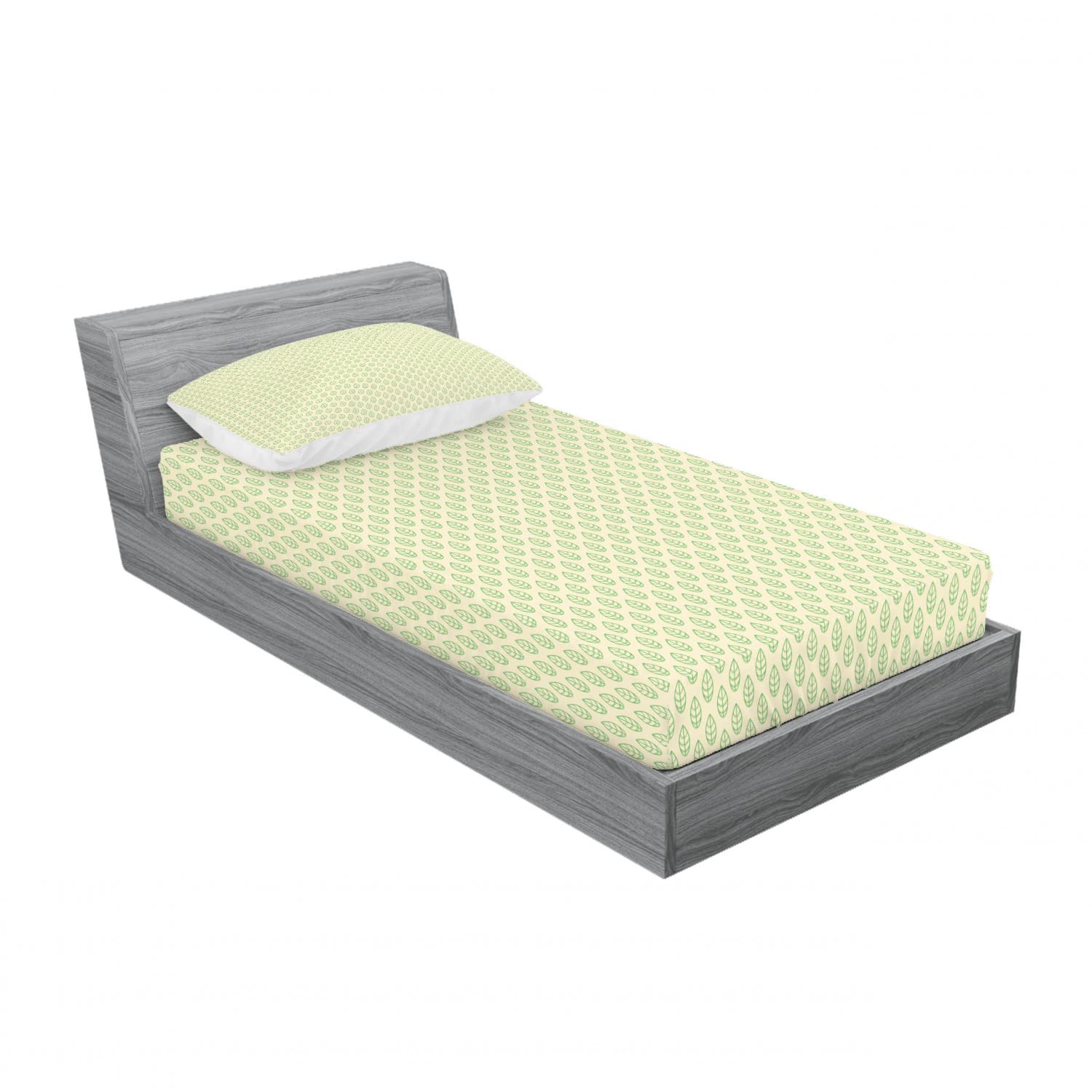 Ambesonne 2-Pack Twin Fitted Sheets & Pillow Sham Set - Geometric Spring Leaves Pattern, Green & White 4-Piece Bedding Set for Kids Room, Guest Bed or Dorm Decor