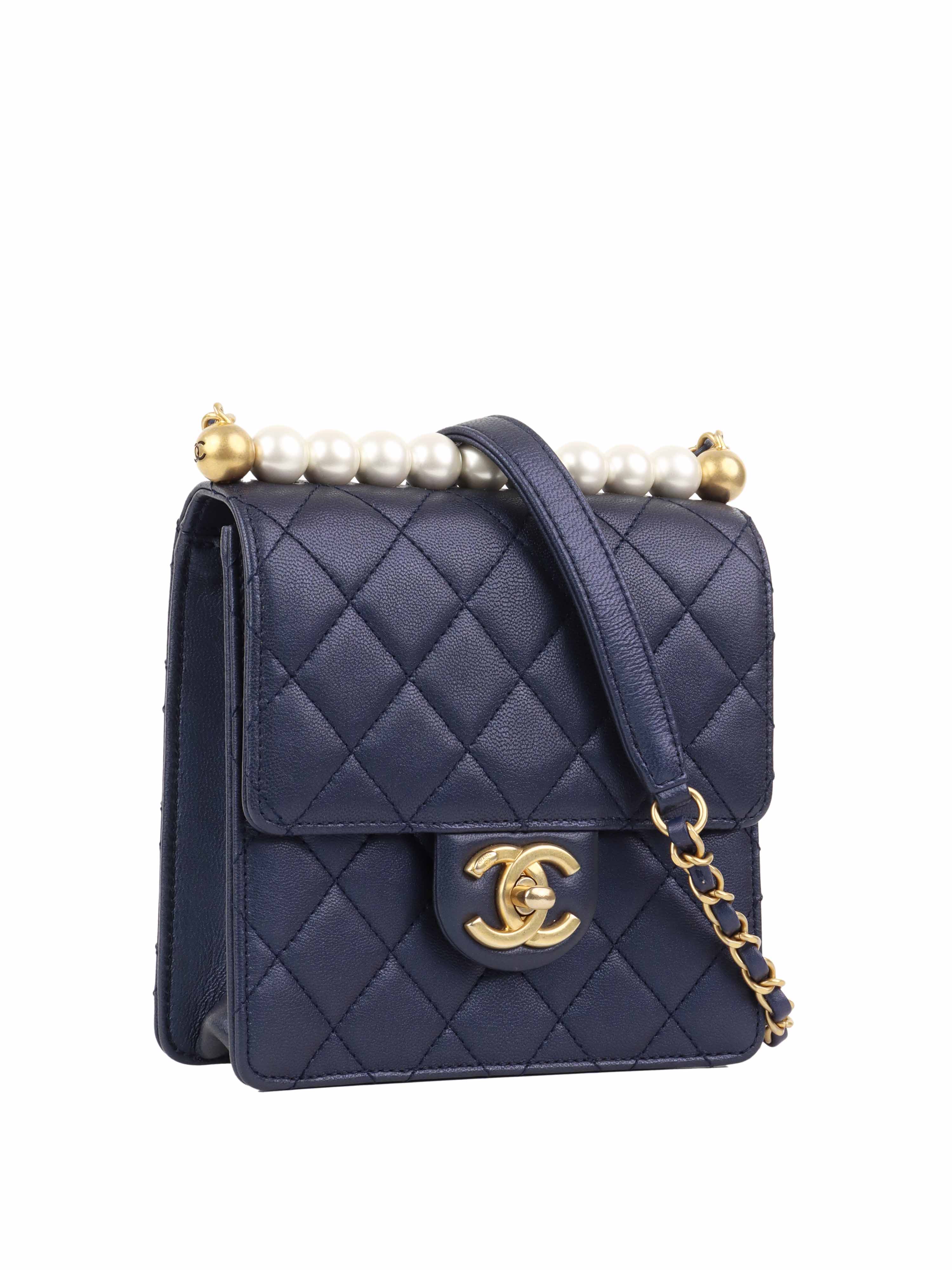 Chanel Navy Iridescent Pearl-Embellished Flap Bag - Luxury Crossbody Purse for Women | Perfect for Evening Parties, Date Nights & Special Occasions