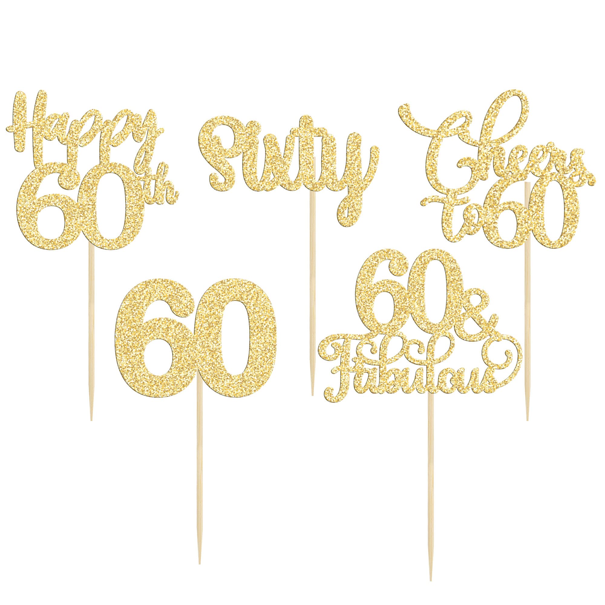 30 Pack Gold Glitter 60th Birthday Cupcake Toppers - 