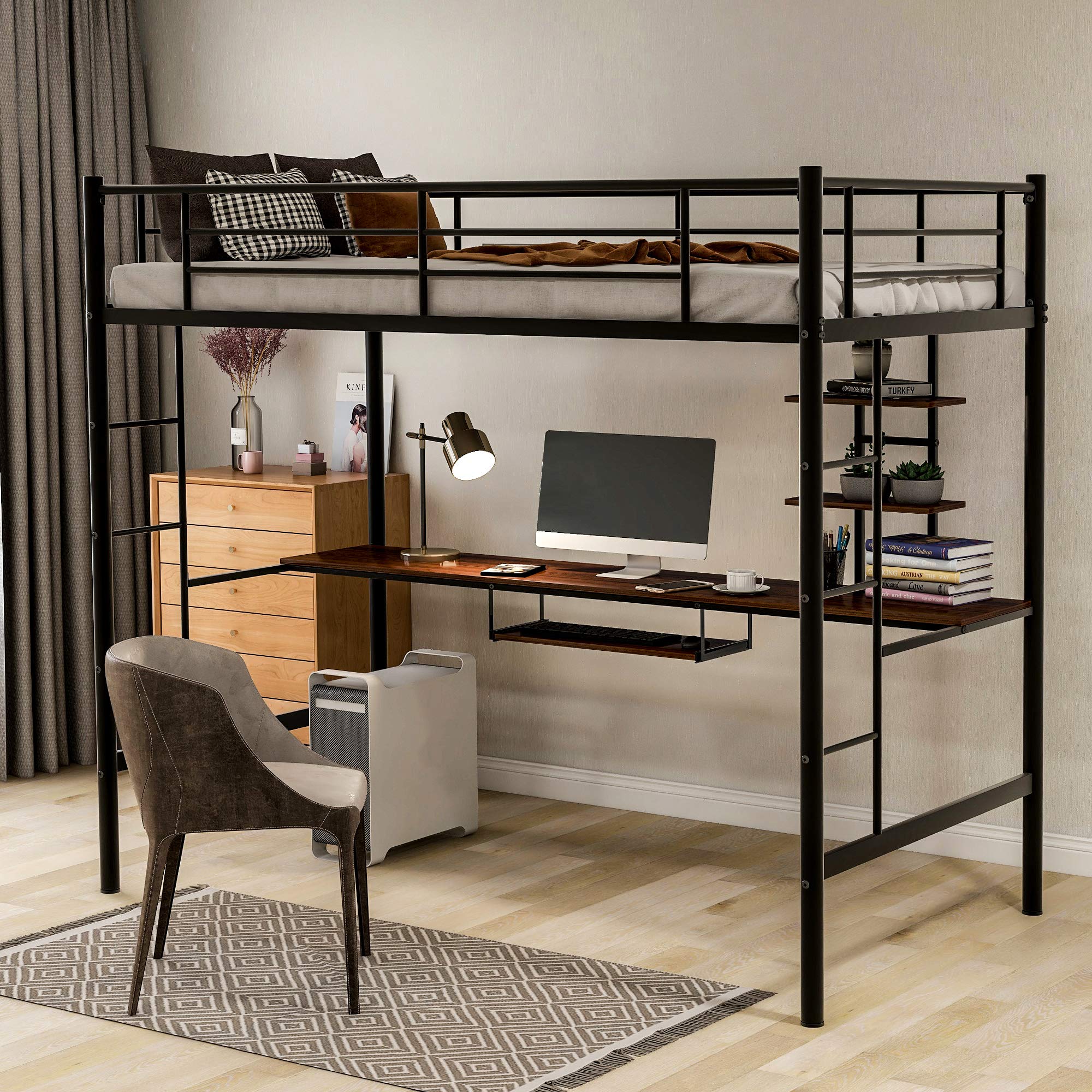 Heavy Duty Black Metal Loft Bed with Desk, Shelves & Keyboard Tray - Twin Size Space Saving Loft Bed for Teens, College Students & Adults - Perfect for Small Bedrooms, Dorms & Studio Apartments
