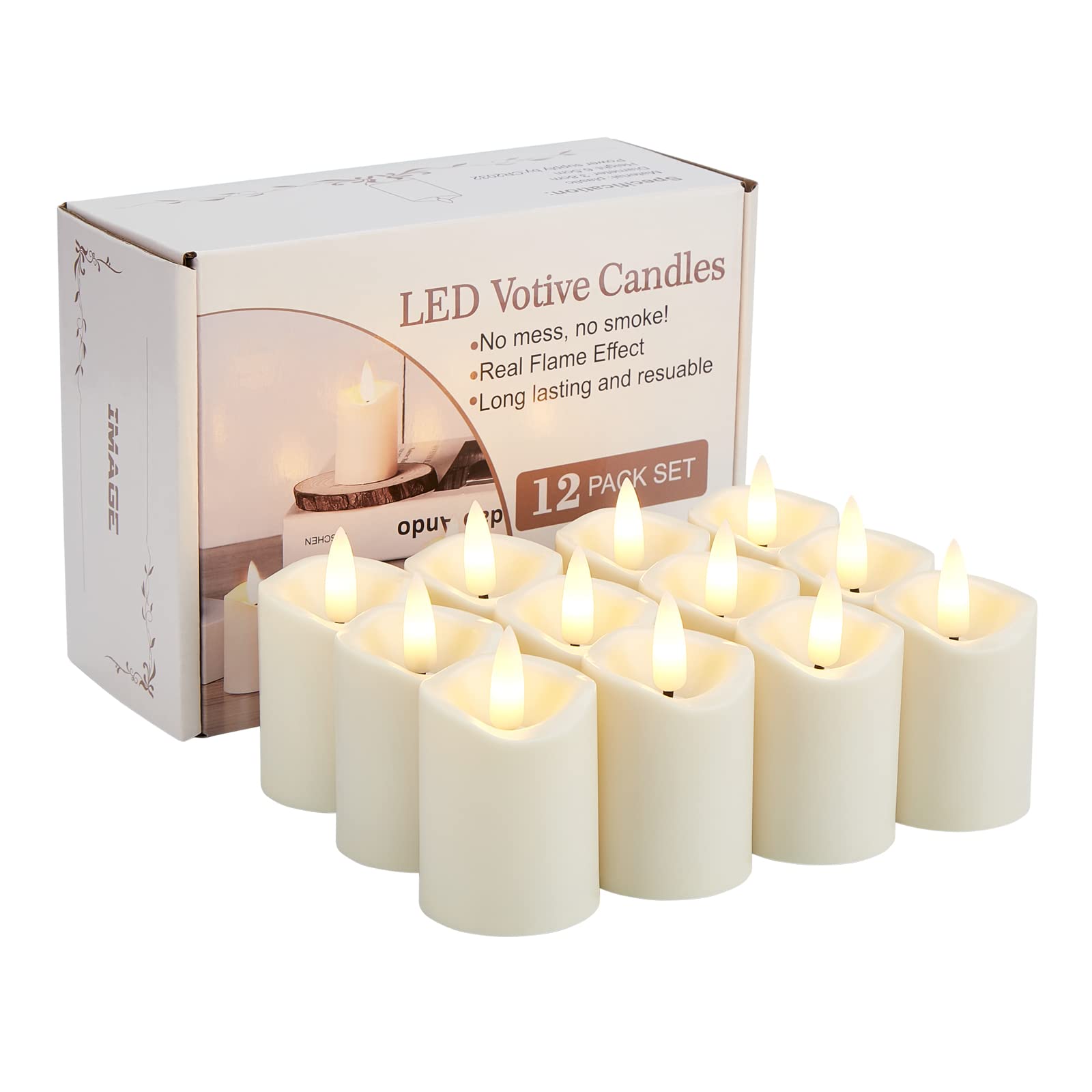 12-Pack IMAGE Flameless Votive Candles - Battery Operated LED Candles with 3D Wick & Realistic Flicker, Ivory Color for Home Decor, Weddings, and Romantic Ambiance