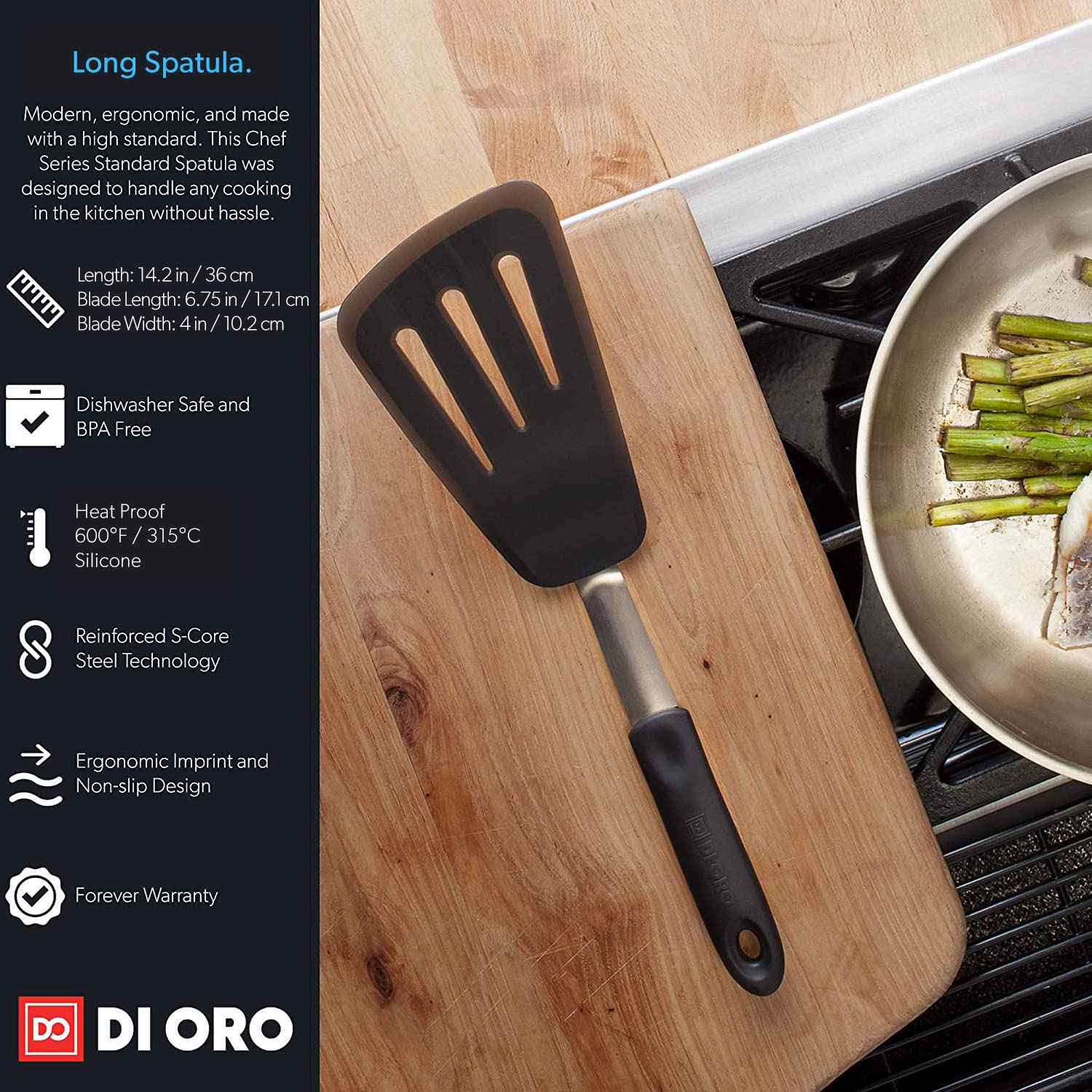 DI ORO Premium Silicone Fish Spatula - 600°F Heat-Resistant Nonstick Kitchen Turner - BPA-Free Slotted Cooking Spatula for Eggs, Pancakes & Fish - Perfect for Grilling, Frying & Baking (Black)