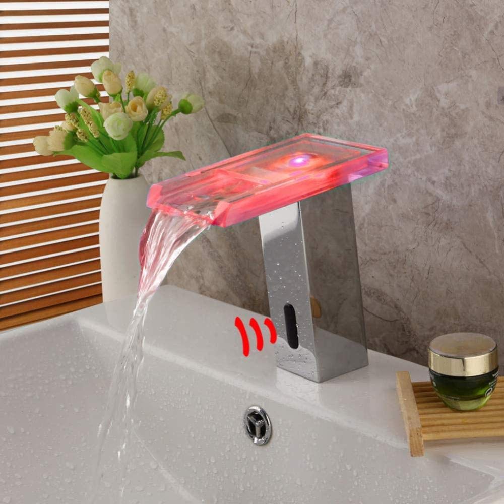 DWSS® Automatic Sensor Kitchen Faucet with LED Light - Polished Chrome Touchless Waterfall Sink Faucet for Modern Kitchen & Bathroom, Perfect for Hands-Free Washing & Glass Filling