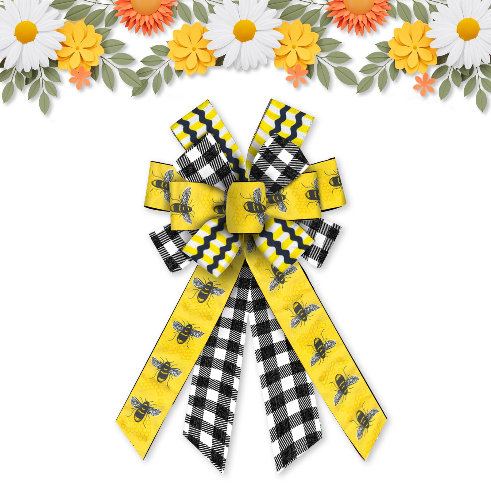 Large Spring Summer Wreath Bows - Black White Buffalo Plaid Happy Bee Day Decorations | Farmhouse Style First Birthday Party Bows for Front Door, DIY Crafts | Perfect for Seasonal Home Decor, Baby Showers & Wedding Decor