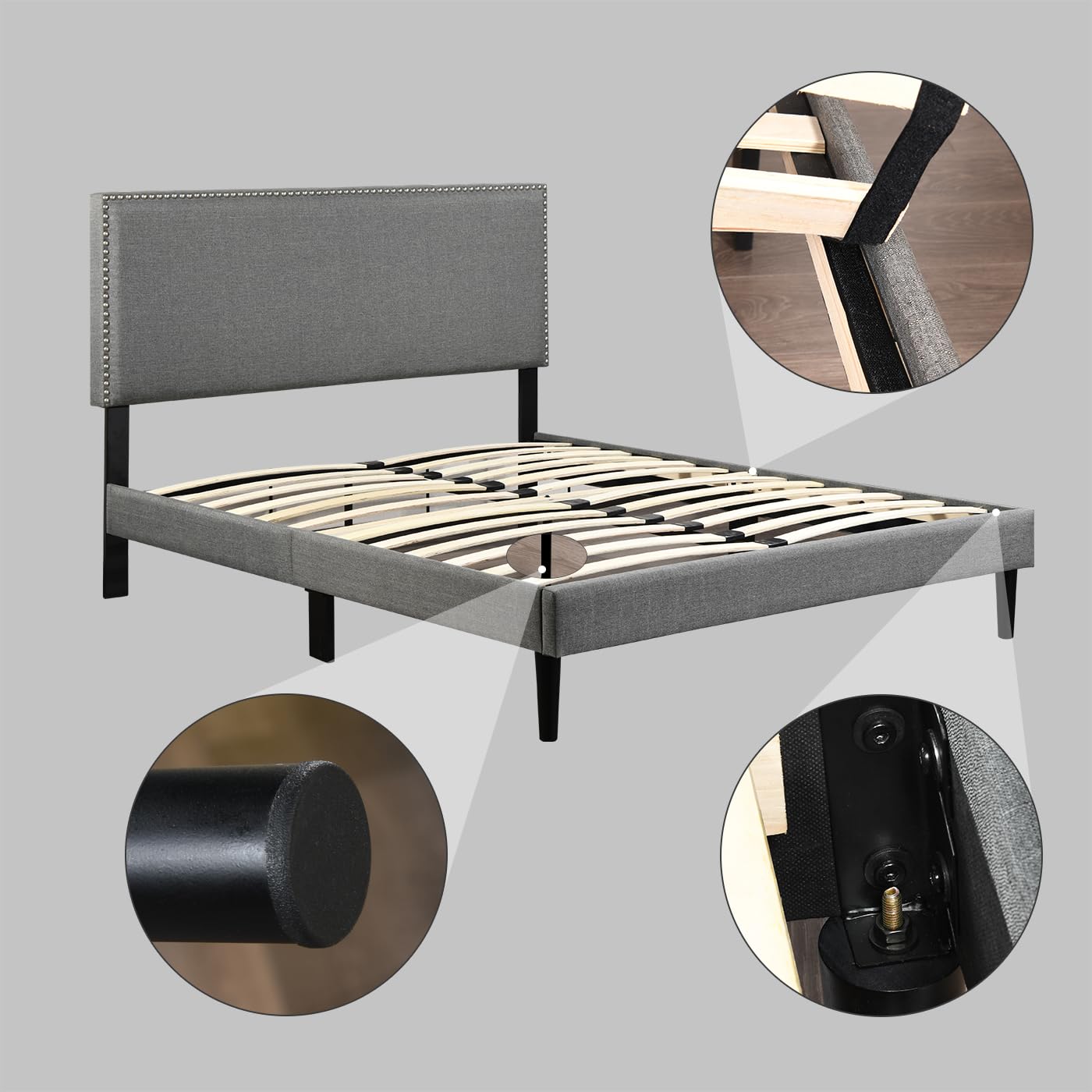 Queen Size Upholstered Platform Bed Frame with Headboard & Wooden Slats - Noise Free, No Box Spring Needed, Light Grey - Perfect for Modern Bedrooms, Guest Rooms & Small Apartments