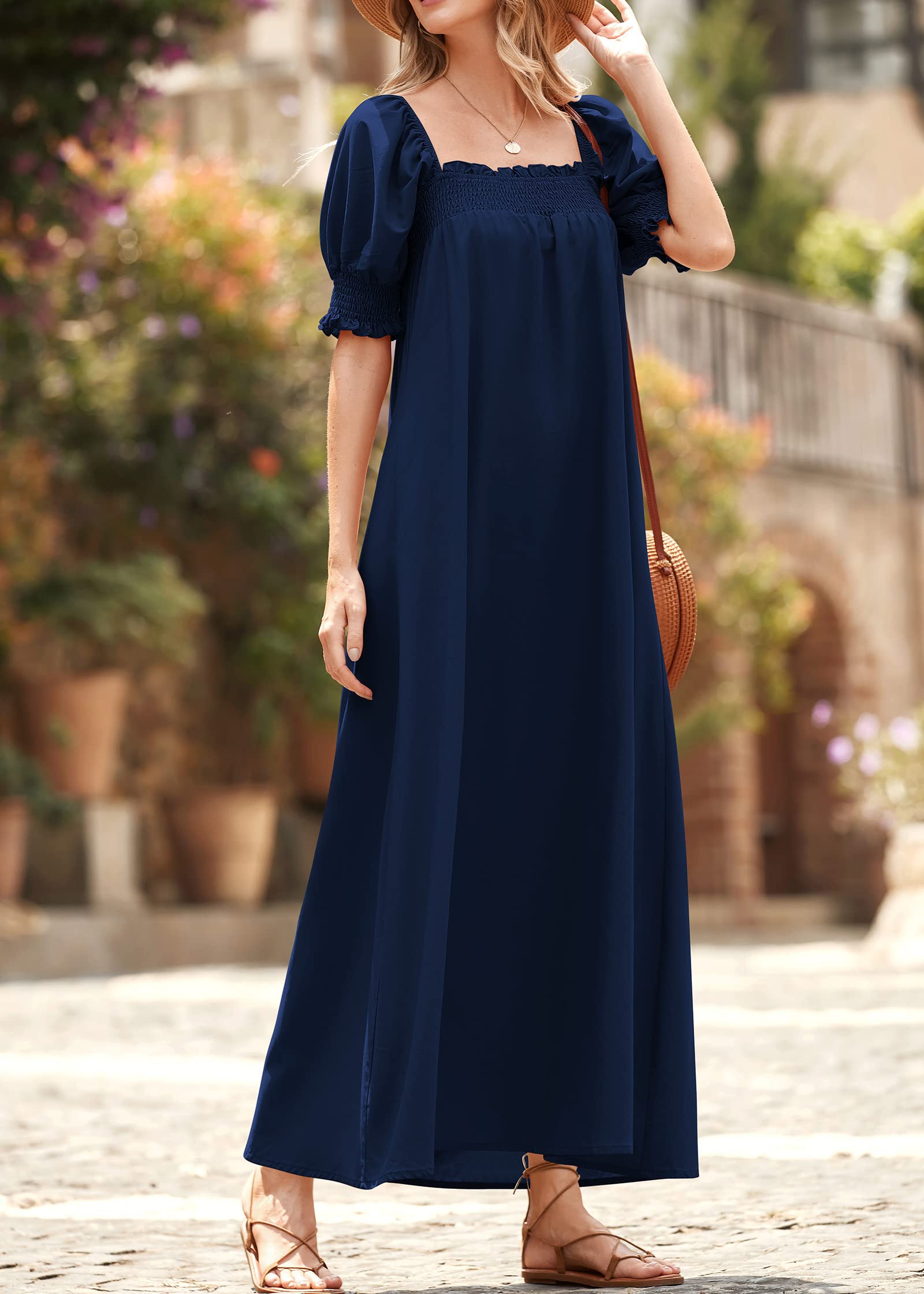 KIRUNDO Women's 2025 Summer Maxi Dress - Casual Loose Puff Sleeve Square Neck Maternity Beach Dress with Pockets | Flowy Long Dress for Pregnancy, Vacation & Outdoor Activities