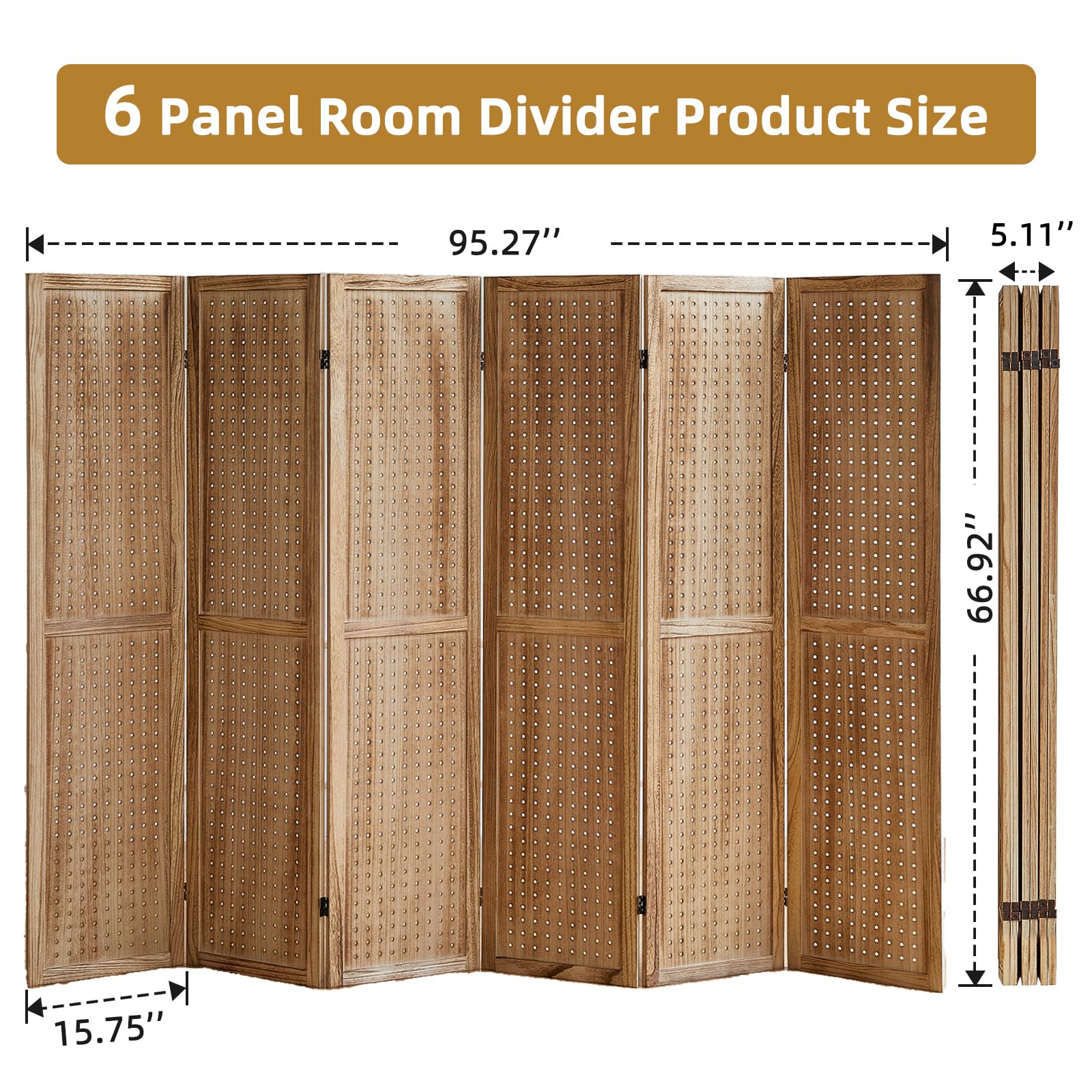 24-Hook Pegboard Display & 6-Panel Folding Room Divider - 5.6Ft Portable Privacy Screen, Freestanding Wooden Wall Organizer for Bedroom, Office & Reading Room - Natural Finish | Perfect for Home Organization & Space Division