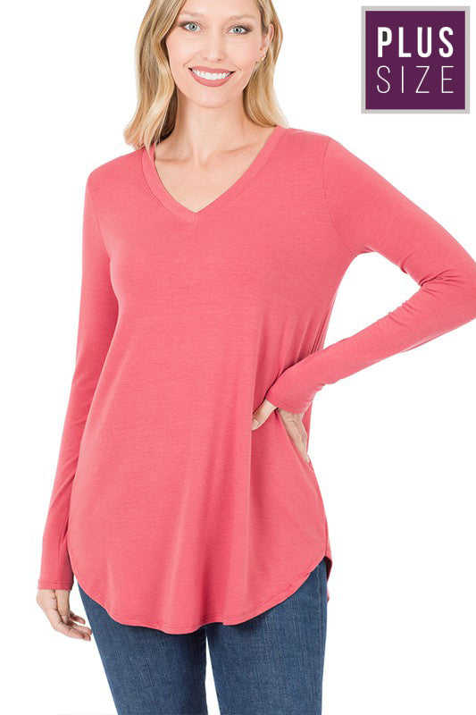 Plus Size Long Sleeve V-Neck Scoop Front & Back Tops for Women - Casual & Layering Outfits for Work, Date Night & Everyday Wear