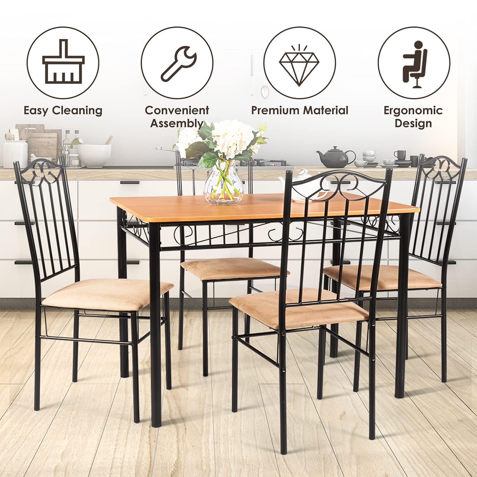 COSTWAY 5-Piece Modern Dining Table Set with Metal Frame - Kitchen Table & 4 Chairs for Home, Restaurant & Café | Perfect for Small Spaces, Family Meals & Commercial Use