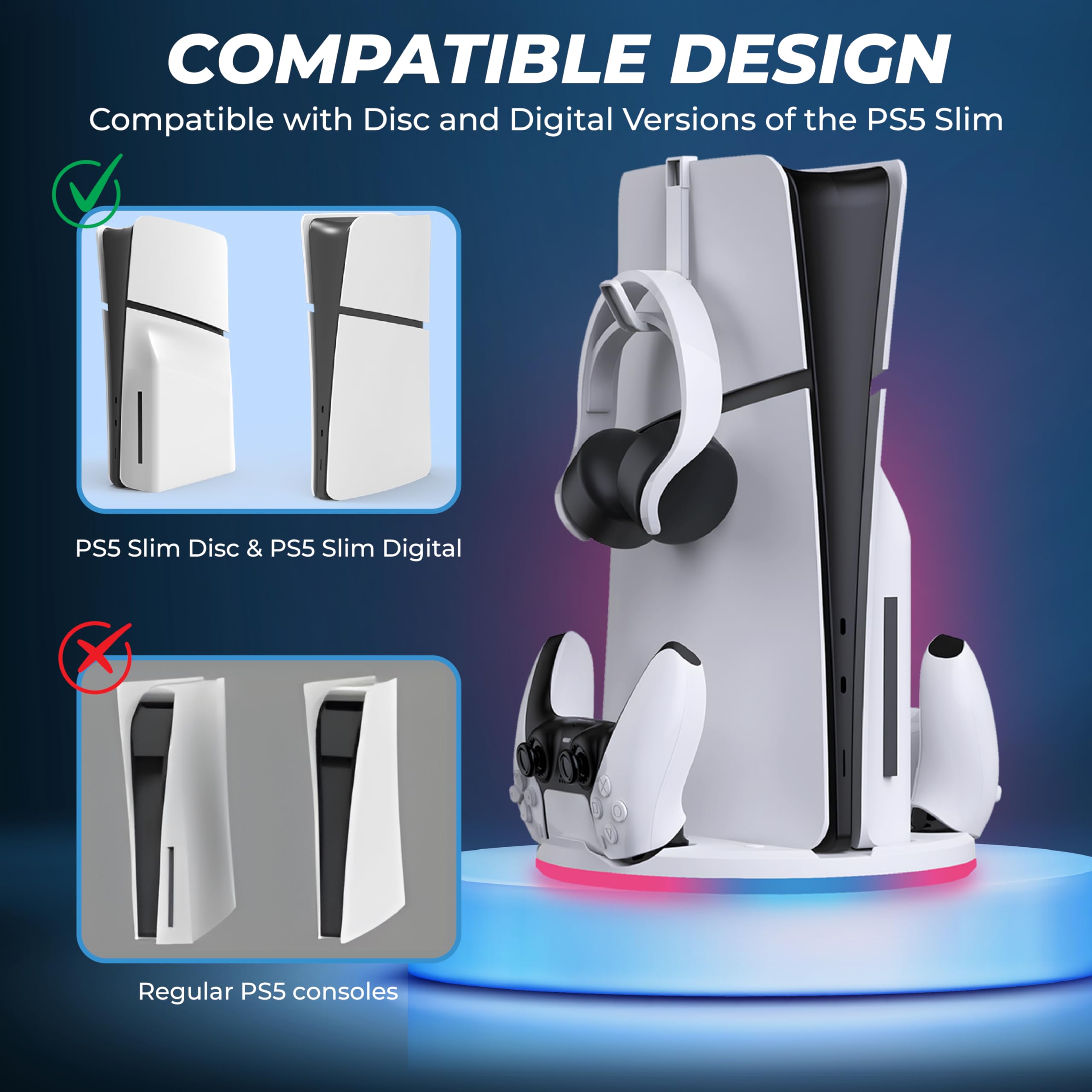 PS5 Slim Vertical Stand with Dual Controller Charger - RGB Lighting Gaming Station for PlayStation 5 | Includes Headset Hook & Fast Charging for DualSense & Edge Controllers | Perfect for Gaming Setup & Console Protection