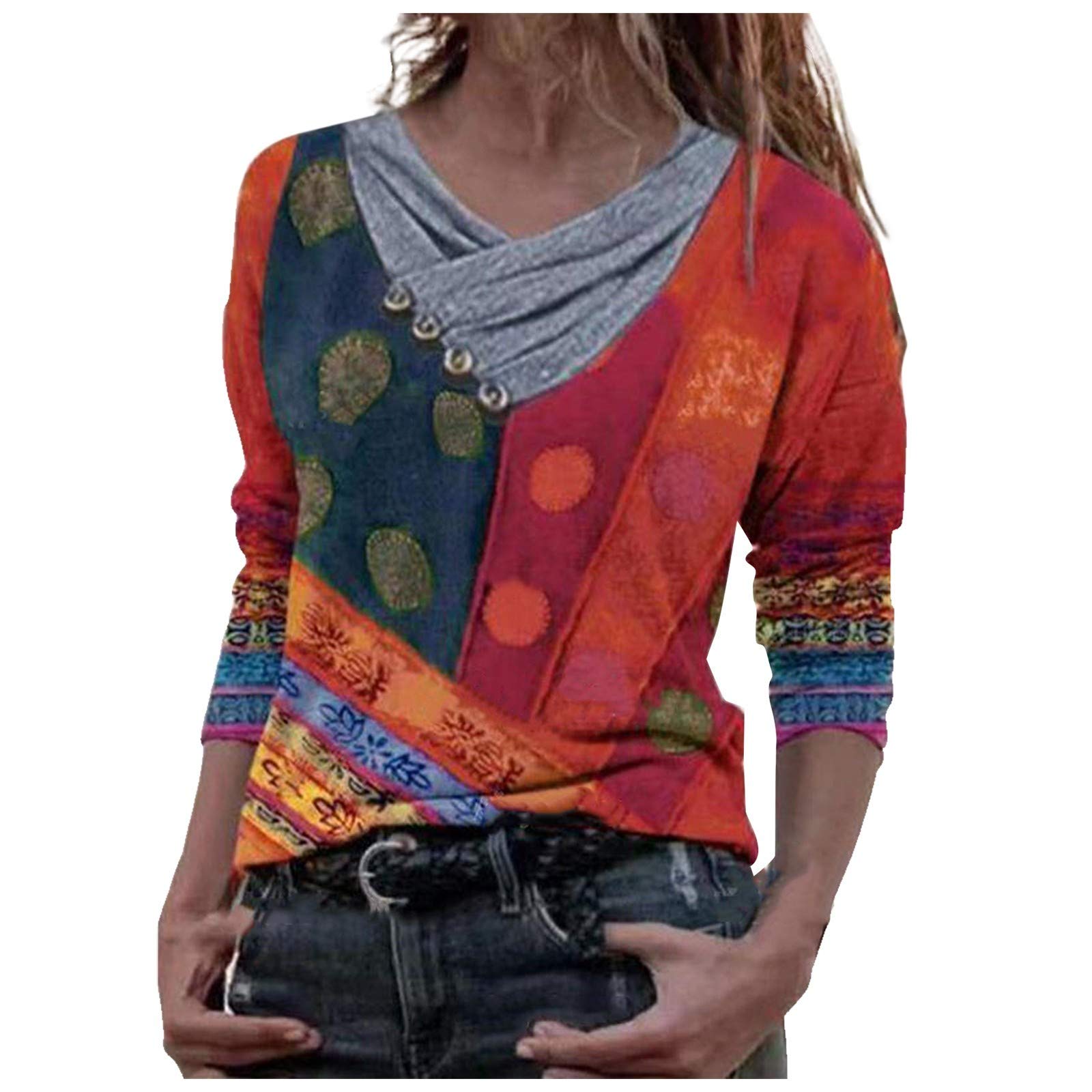 ZEFOTIM Women's Loose Fit Tie-Dye Print Long Sleeve Tunic Top with Embroidery Collar - Trendy Spring Casual Shirt for Everyday Wear, Office & Weekend Outings