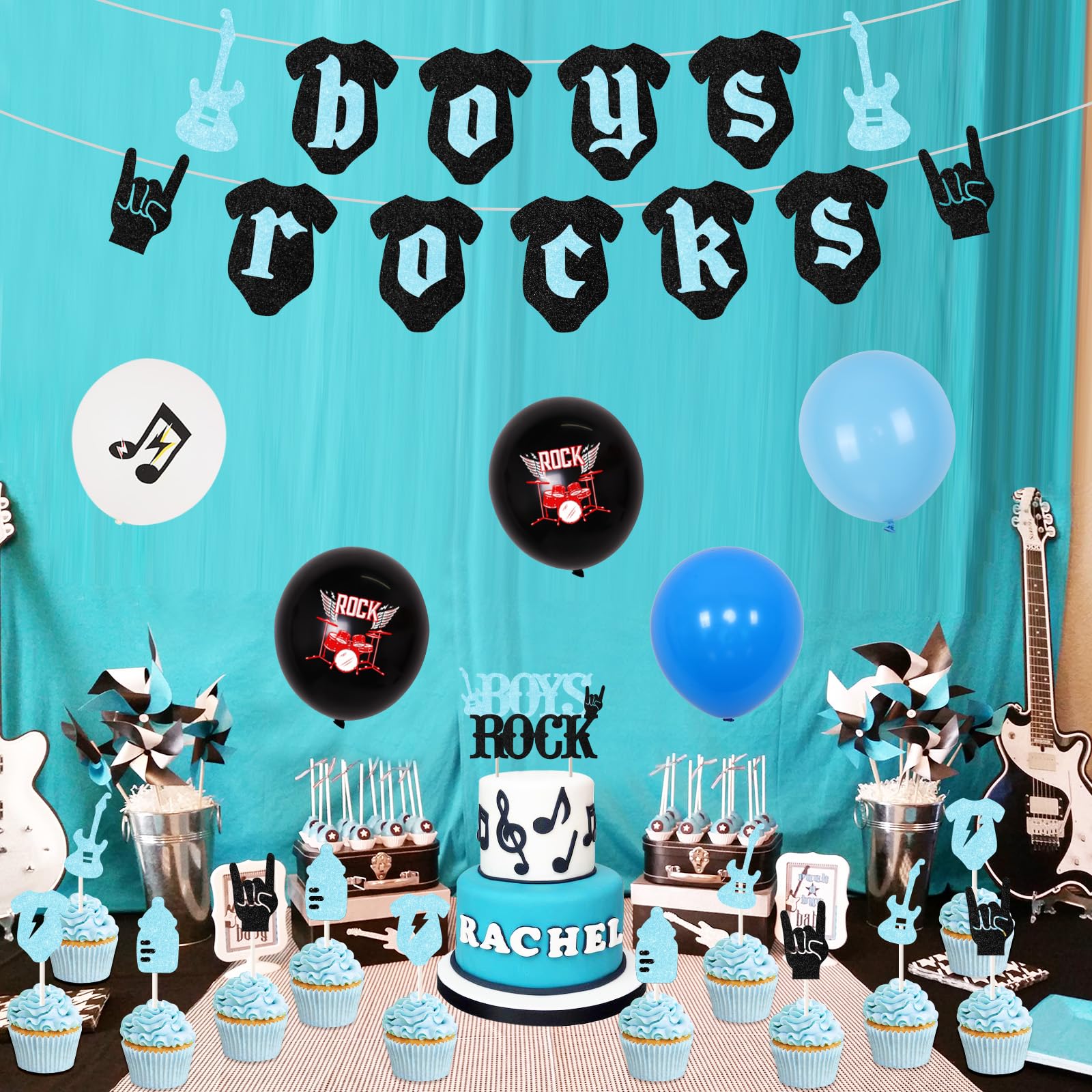 Cheereveal Boys Rock Baby Shower Decorations Set - Music Theme Party Supplies with Banner, Cake Topper & Guitar Balloons for Rock and Roll Themed Baby Showers - Perfect for Nursery Decorations and Gender Reveal Parties