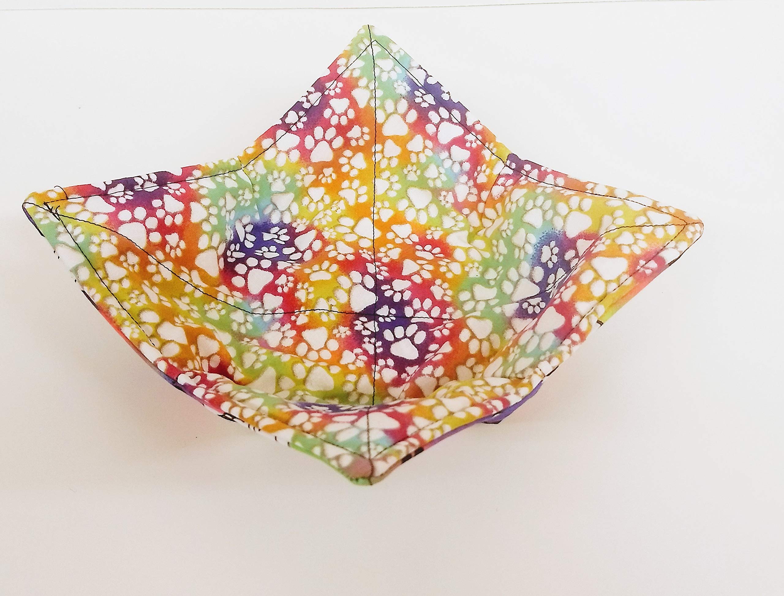 Microwave Safe Bowl Cozy - Tie Dye Puppy Dog & Paw Print Fabric - Handmade by Sewuseful Studios - Perfect for Hot Soup, Oatmeal & Microwave Meals - Reusable & Washable