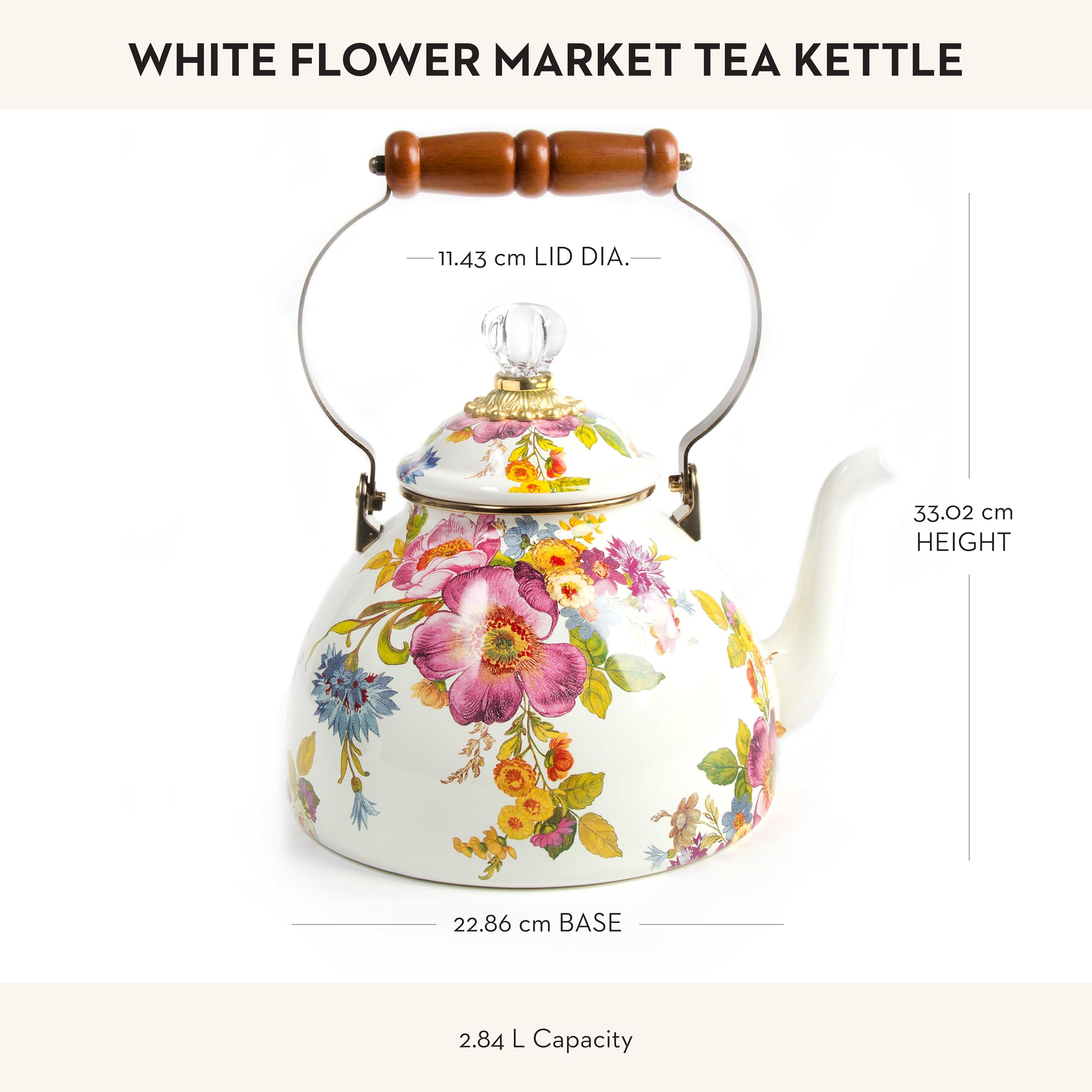 MACKENZIE-CHILDS Enamel Tea Kettle - 3 Quart Stovetop Kettle with White Flower Market Design | Elegant & Durable for Tea Lovers | Perfect for Home, Kitchen, and Gift Giving