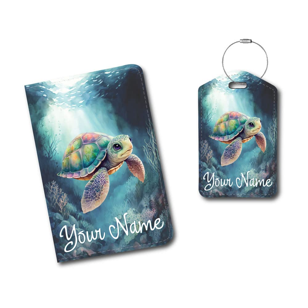 Premium Leather Passport Holder & Luggage Tag Set - Sea Turtle Design | Travel Essentials for Vacation & Business Trips