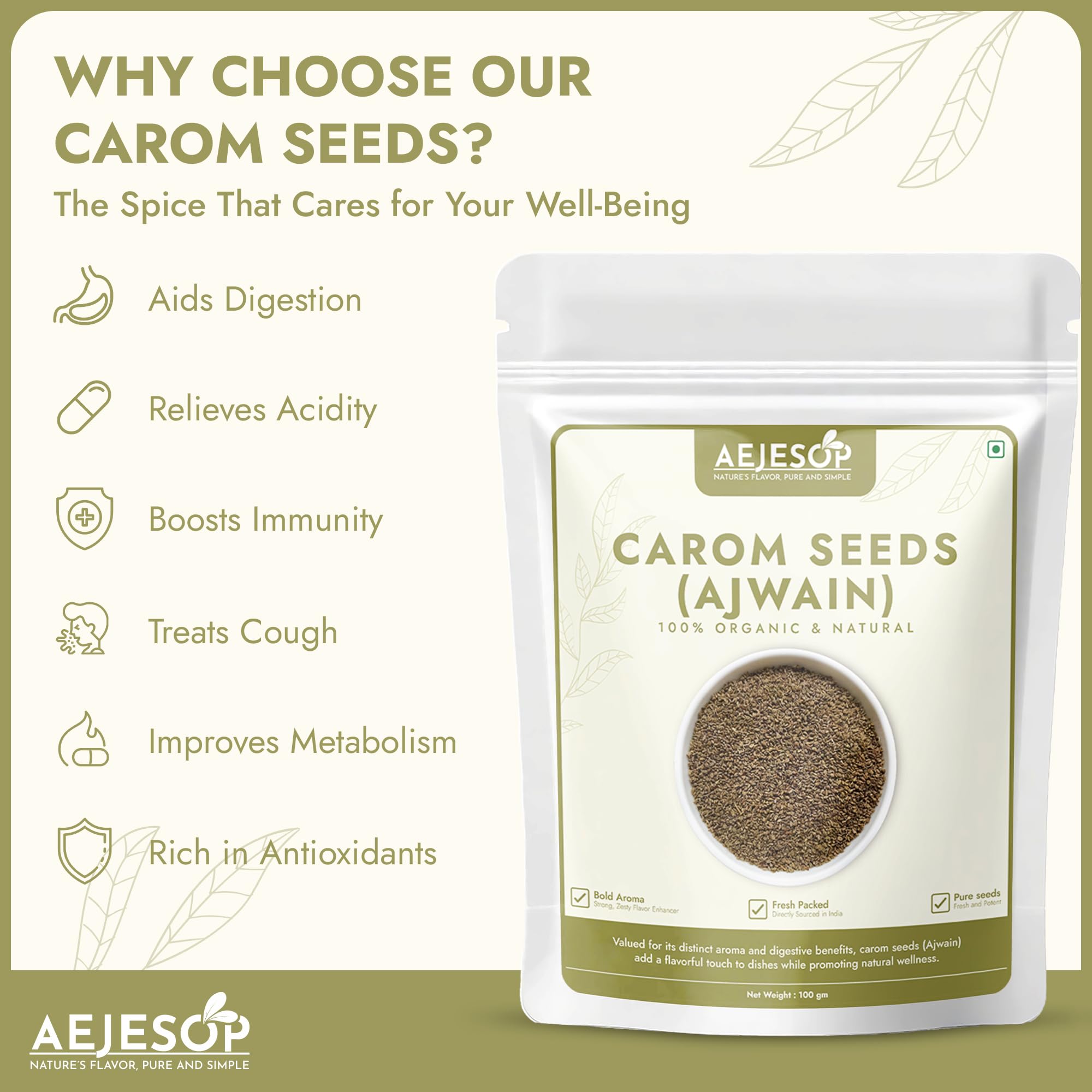 Organic Carom Seeds (Ajwain) Whole Spices - 3.5oz (100g) | Premium Ajowan for Cooking, Digestion & Ayurvedic Remedies | Perfect for Indian Cuisine, Breads & Herbal Teas