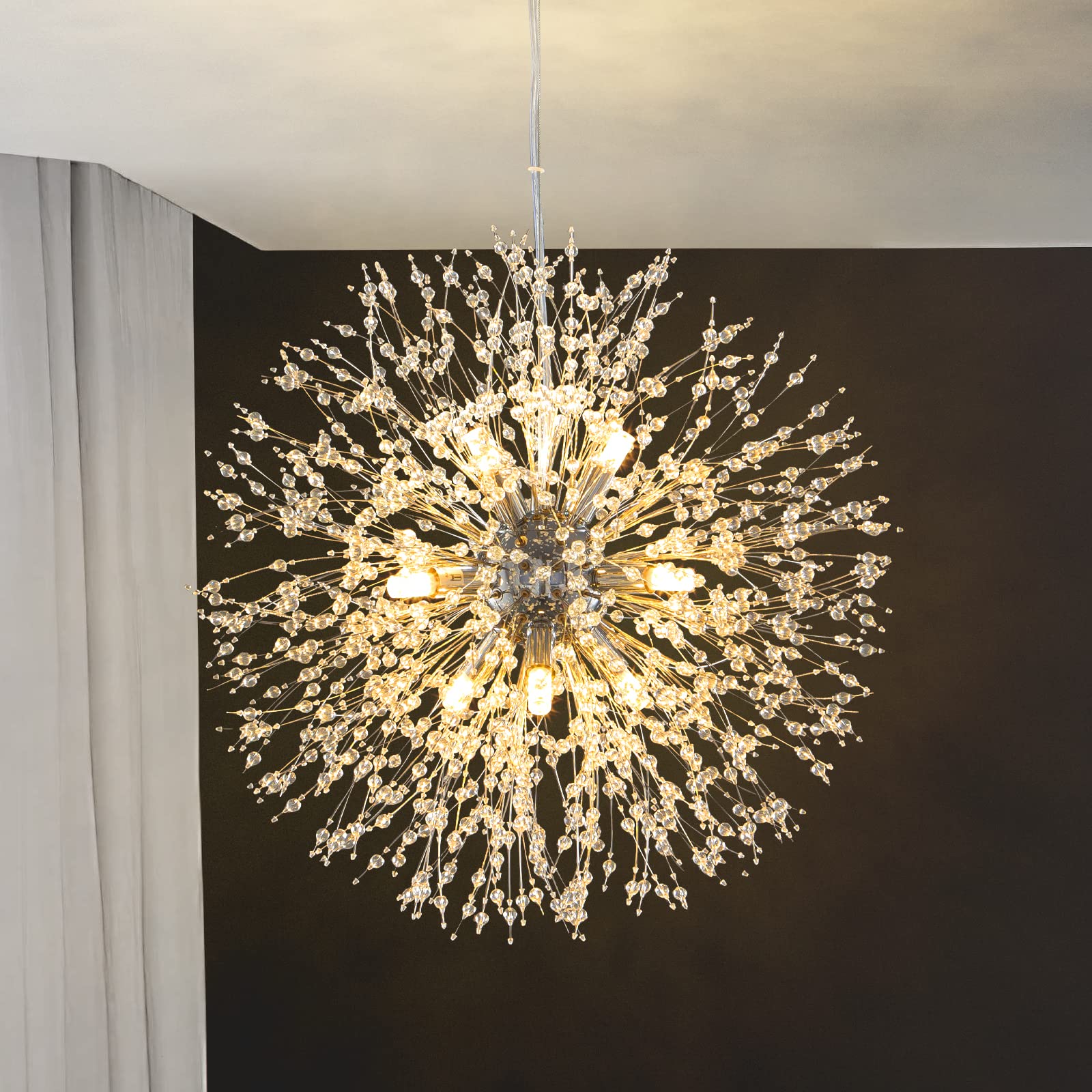Modern Chandeliers Firework Dandelion Sputnik Chandelier - 9-Light Crystal Chrome Pendant Lighting Fixture for Kitchen Island, Dining Room, Bedroom & Living Room - Elegant Ceiling Light for Home Decor, Wedding & Restaurant Ambiance