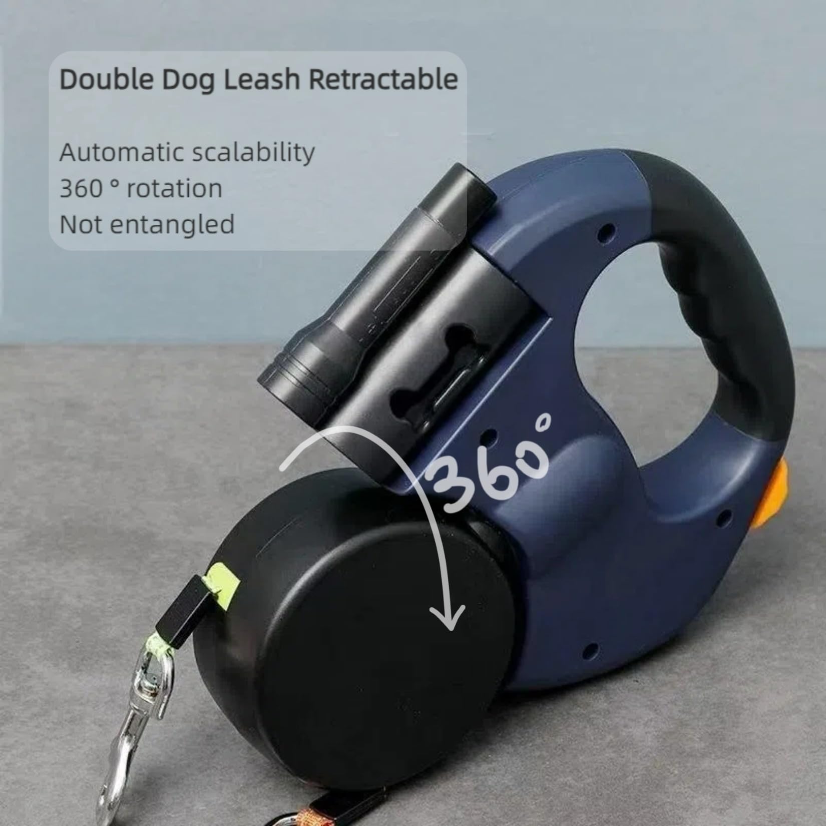 Dual Retractable Dog Leash for 2 Dogs Up to 33 Lbs - Adjustable Padded Handles, Tangle-Free Locking System with Flashlight & Poop Bag Holder - Perfect for Walking, Hiking & Nighttime Adventures (Blue)