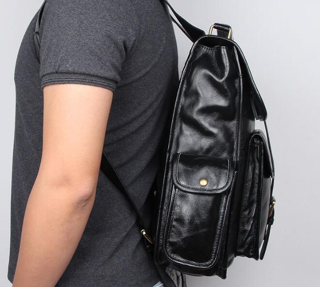 Men's Black Leather Laptop Backpack - Waterproof Business Computer Bag for Work, Travel & College - Fits 15.6 Inch Laptop with USB Charging Port