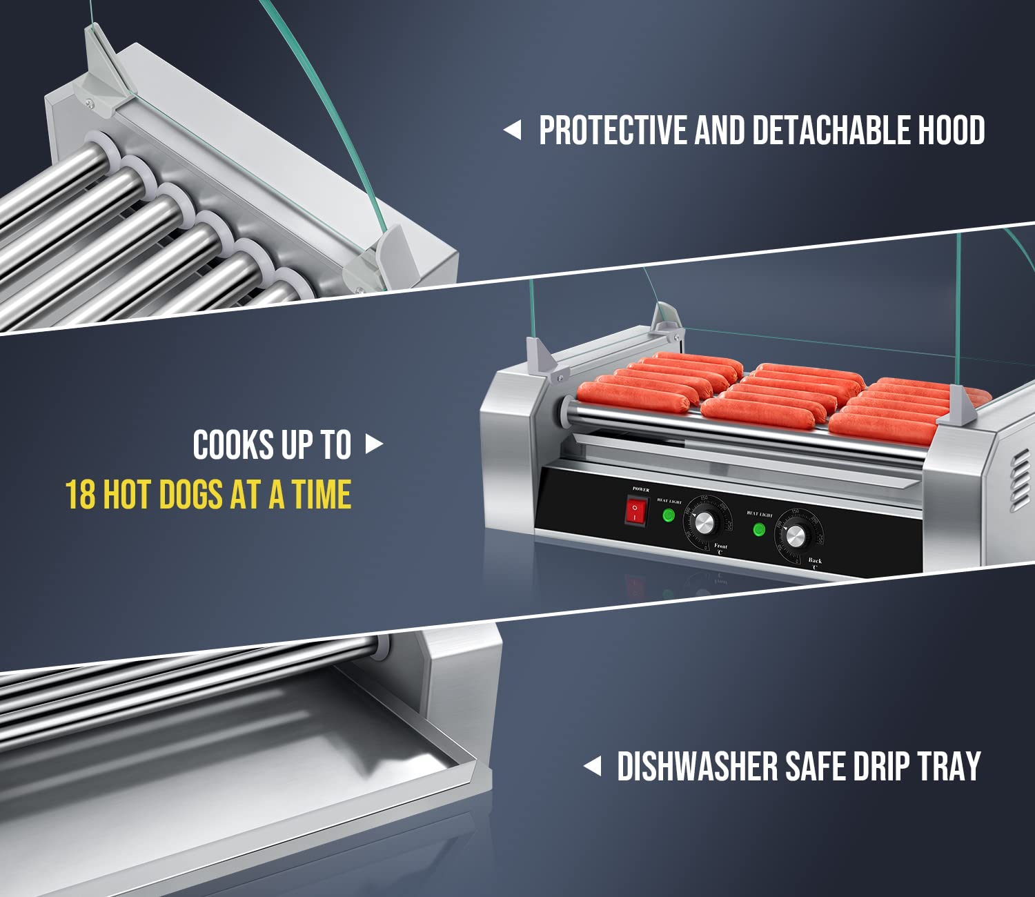 Premium SYBO Hot Dog Roller Machine - 18 Hot Dog Capacity, 7 Non-Stick Stainless Steel Rollers, 1000W Commercial Grill with Detachable Glass Cover (ETL Certified) - Perfect for Restaurants, Food Trucks, Carnivals & Home BBQs