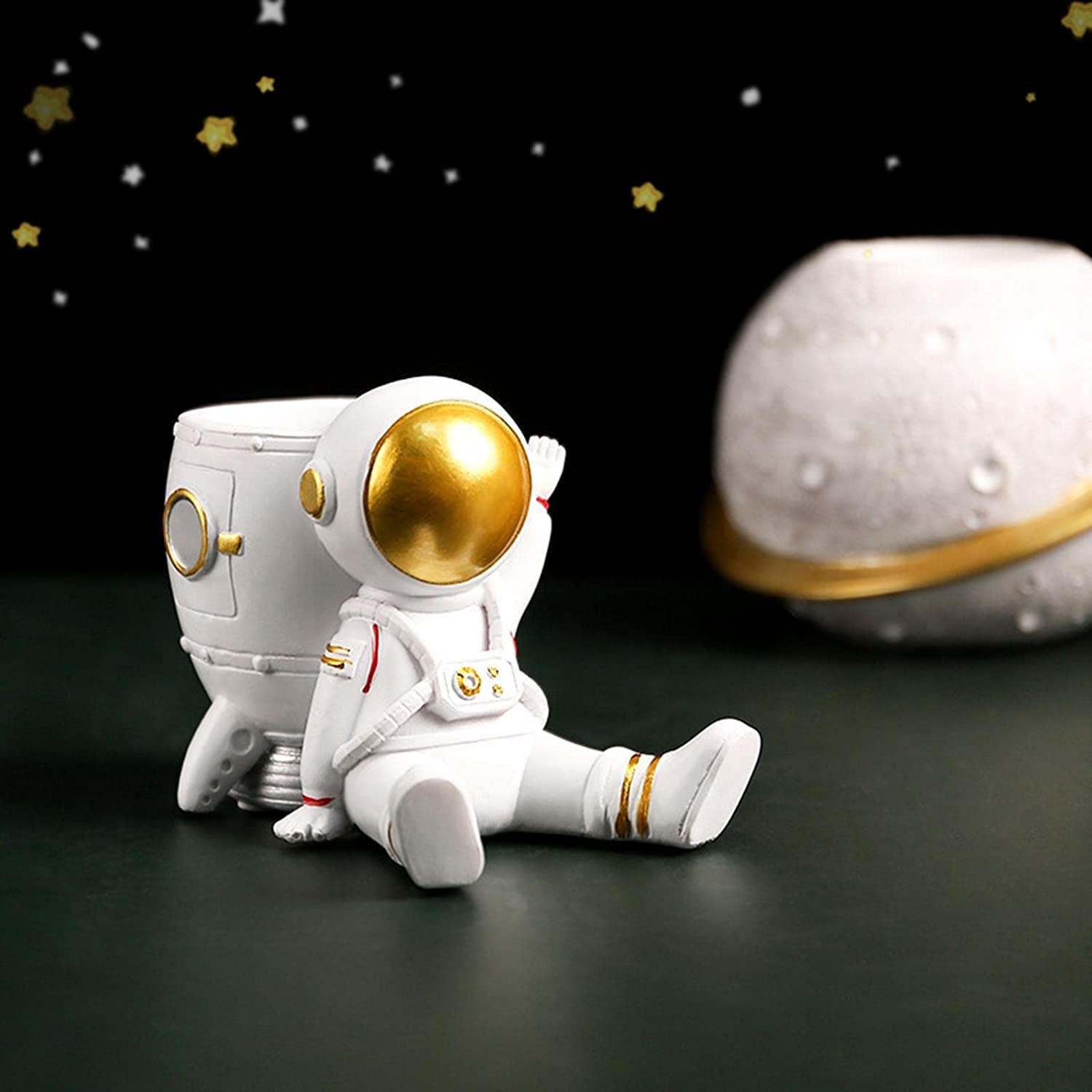 Astronaut Pen Holder - Resin Spaceman Brush Organizer for Desk, Office & Bookshelf Decor | Rocket Back Design - Perfect for Home, School & Gift Giving