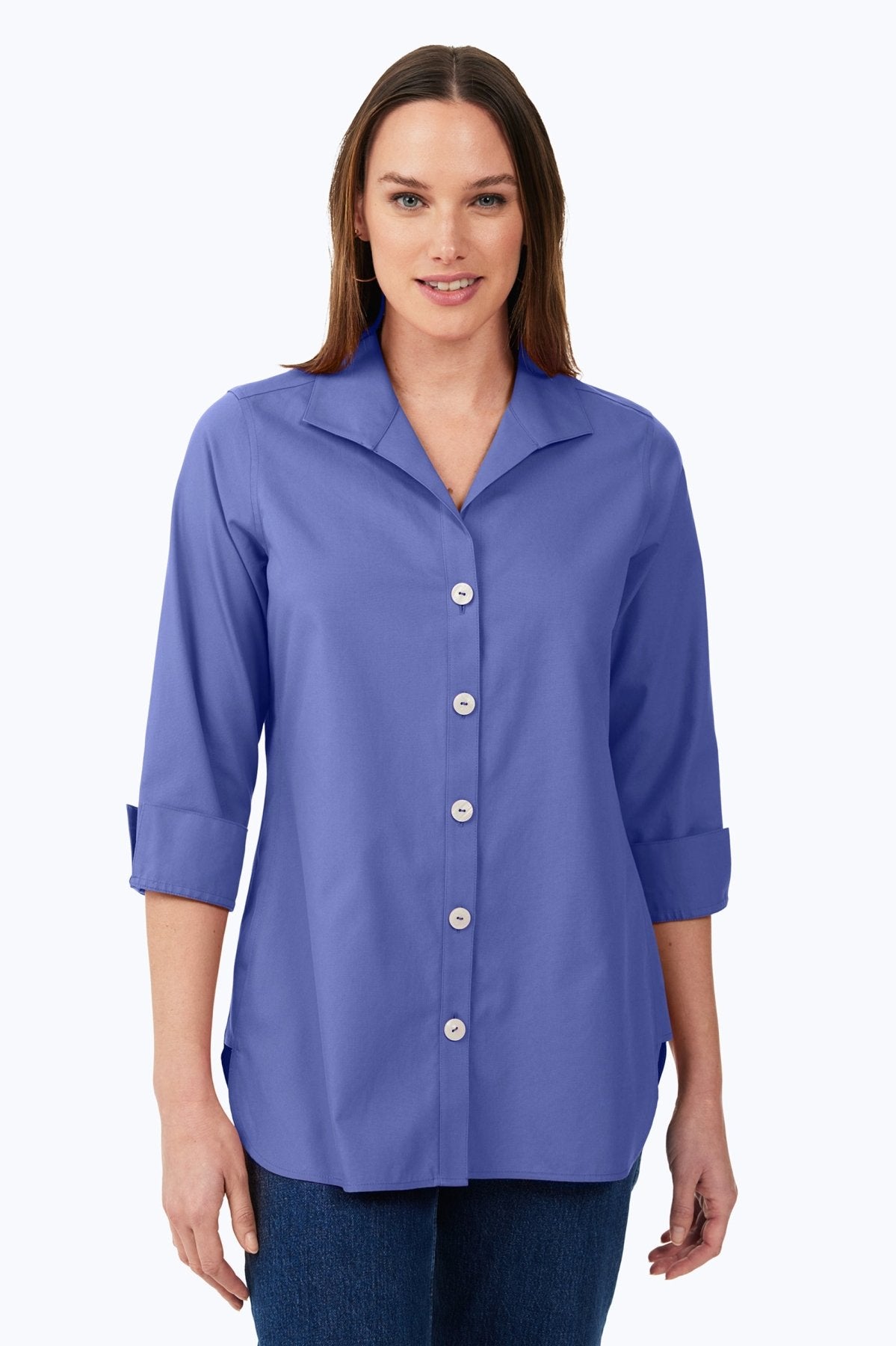 Pandora No Iron Pinpoint 3/4 Sleeve Tunic Shirt - Wrinkle-Free Women's Blouse for Work & Casual Wear | Perfect for Office, Travel & Everyday Outfits