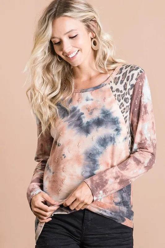 BiBi Tie Dye Distressed Knit Top with Leopard Shoulder - Trendy Women's Vintage Style Sweater for Casual Outings & Streetwear Fashion