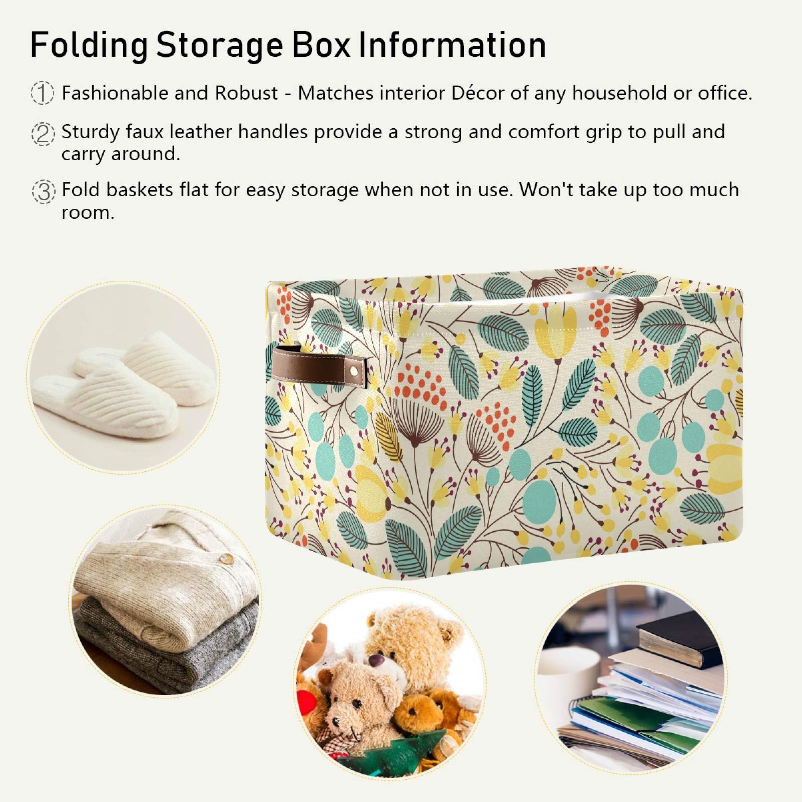 Yellow Floral Canvas Storage Basket - Square Storage Bin for Home & Office Organization - Closet, Shelf, and Desk Organizer - Perfect for Bedroom, Bathroom, and Kids' Room Storage (1-Pack)