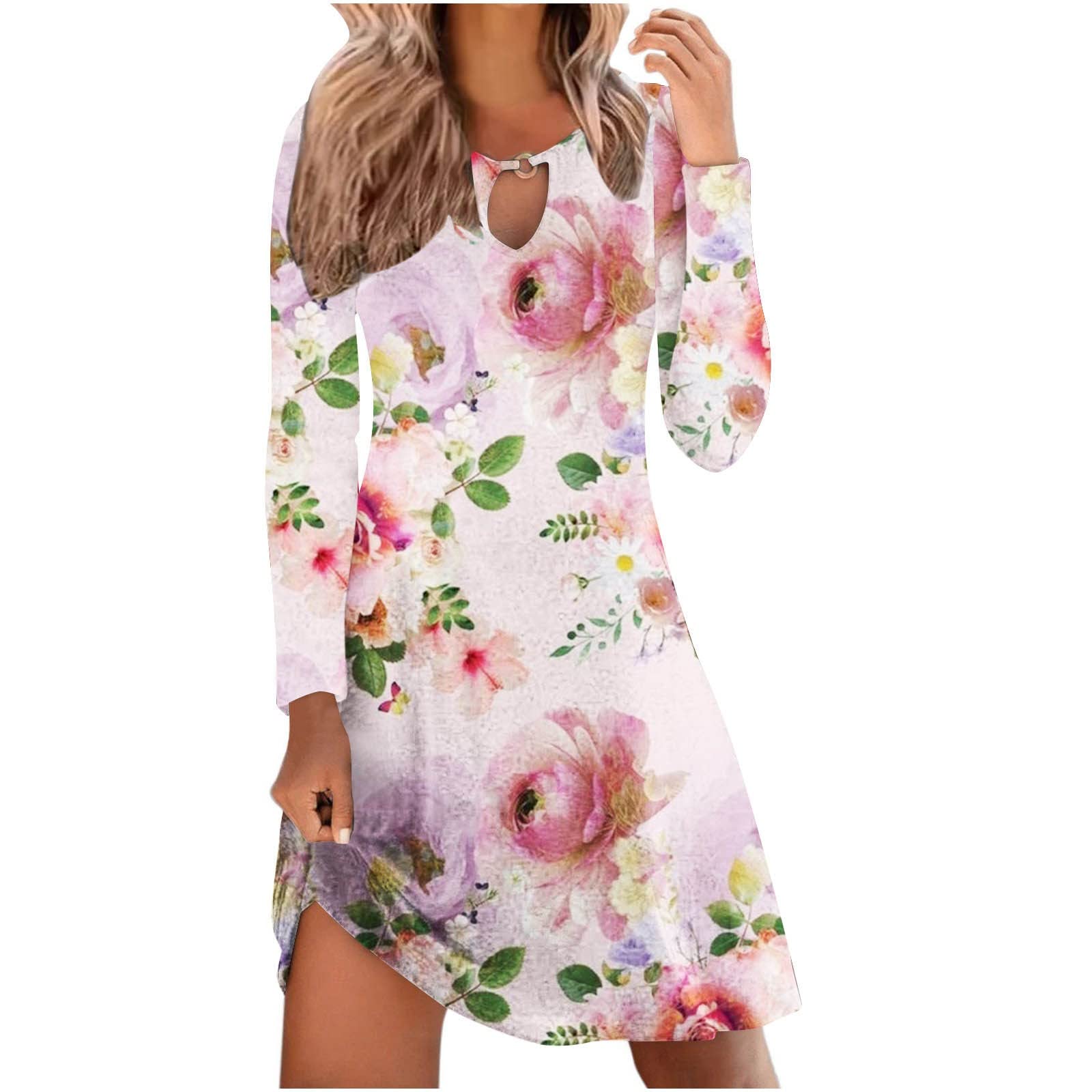 FAVIPT Women's Floral Print Long Sleeve Mini Dress - Sexy Keyhole Design, A-Line Swing Dress for Casual Wear, Plus Size Available | Perfect for Date Night, Party & Fall Outfits