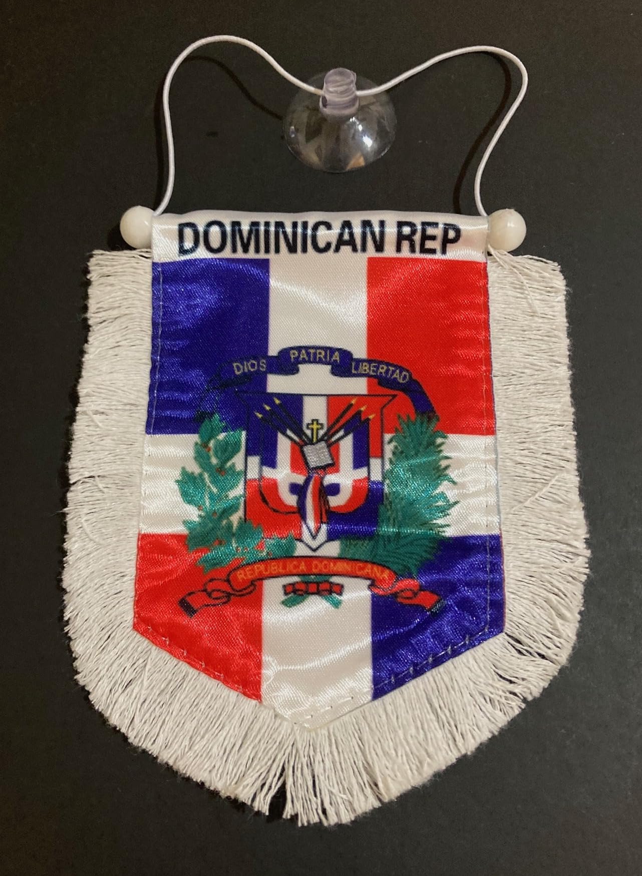 Dominican Republic Car Flag - Rearview Mirror Hanging Accessory with White Trim | Patriotic DR Flag Decor for Vehicles | Perfect for Travel, Sports Events & National Pride Displays