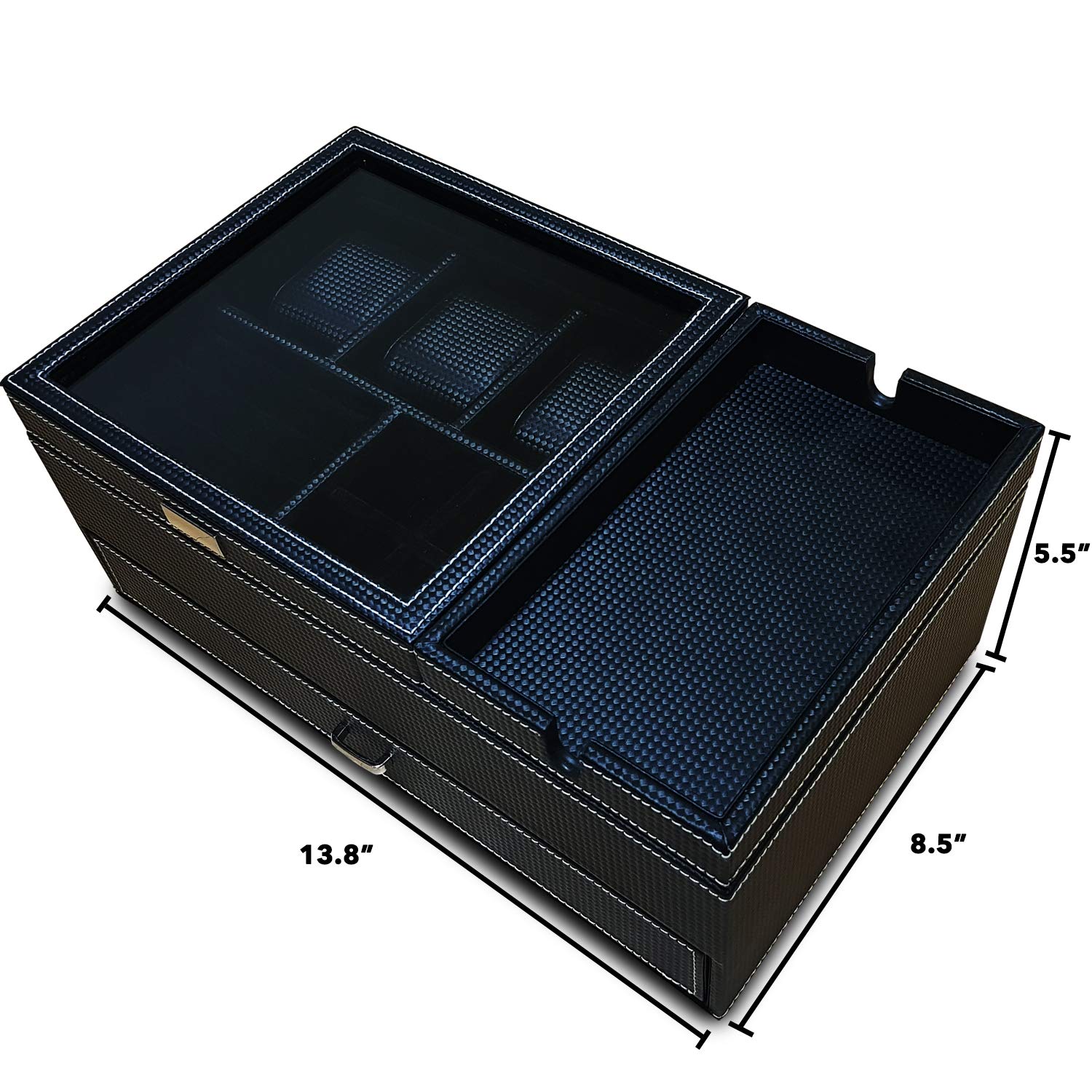 Men's Dresser Valet Organizer - PU Leather Jewelry Box with Charging Station for Watches & Accessories - Carbon Fiber Nightstand Tray for Bedroom