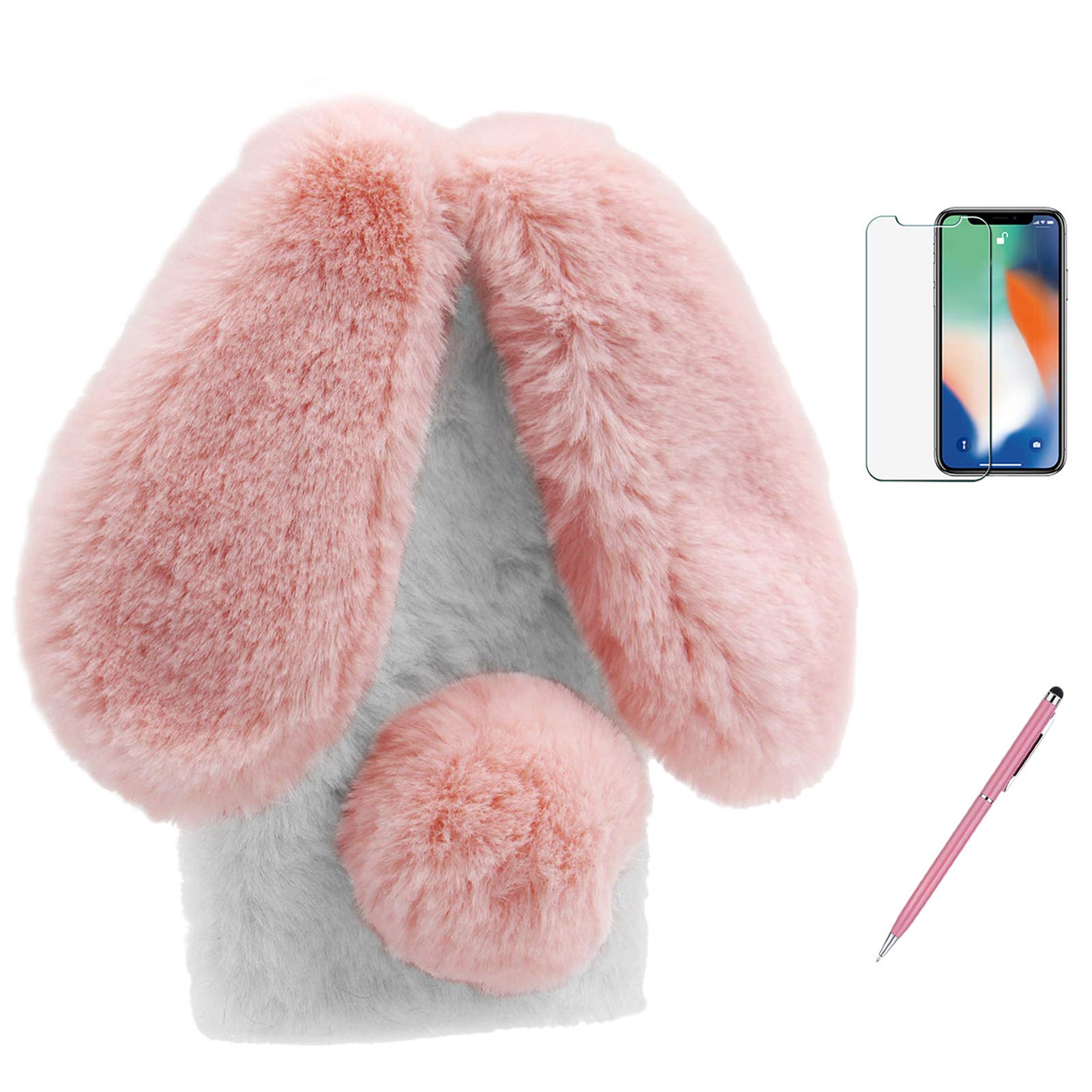 Cute Bunny Rabbit Ears Phone Case for iPhone 8 Plus/iPhone 7 Plus - Soft Fluffy Faux Fur TPU Bumper Protective Cover with Flexible Design (Pink & White) - Perfect Gift for Girls, Women & Teens for Daily Use, School, Work & Travel