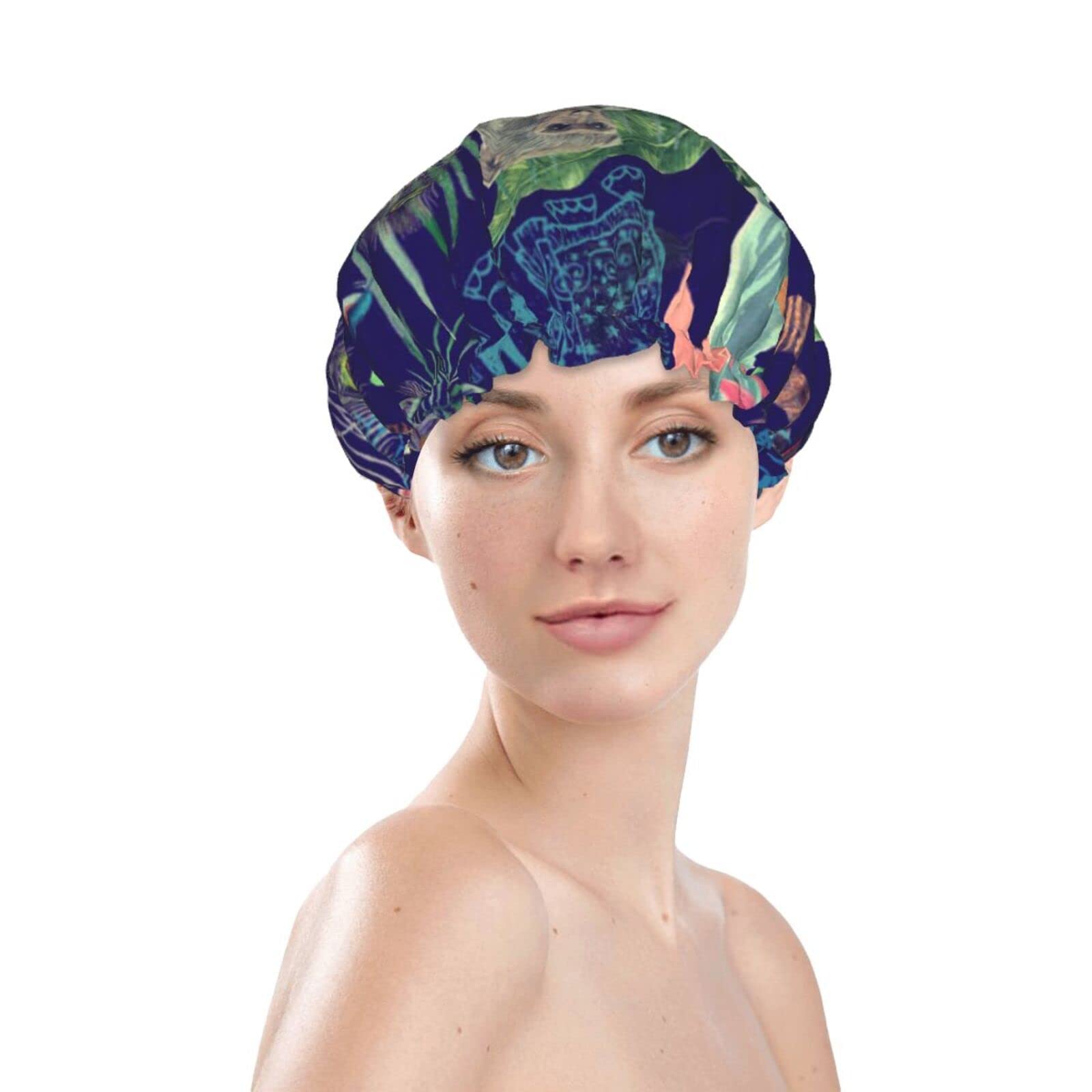 Waterproof Reusable Shower Cap for Women - Cute Monkey Peacock Design Bath Hair Cap for Shower & Bathing | Perfect for Spa, Swimming & Hair Care Routines