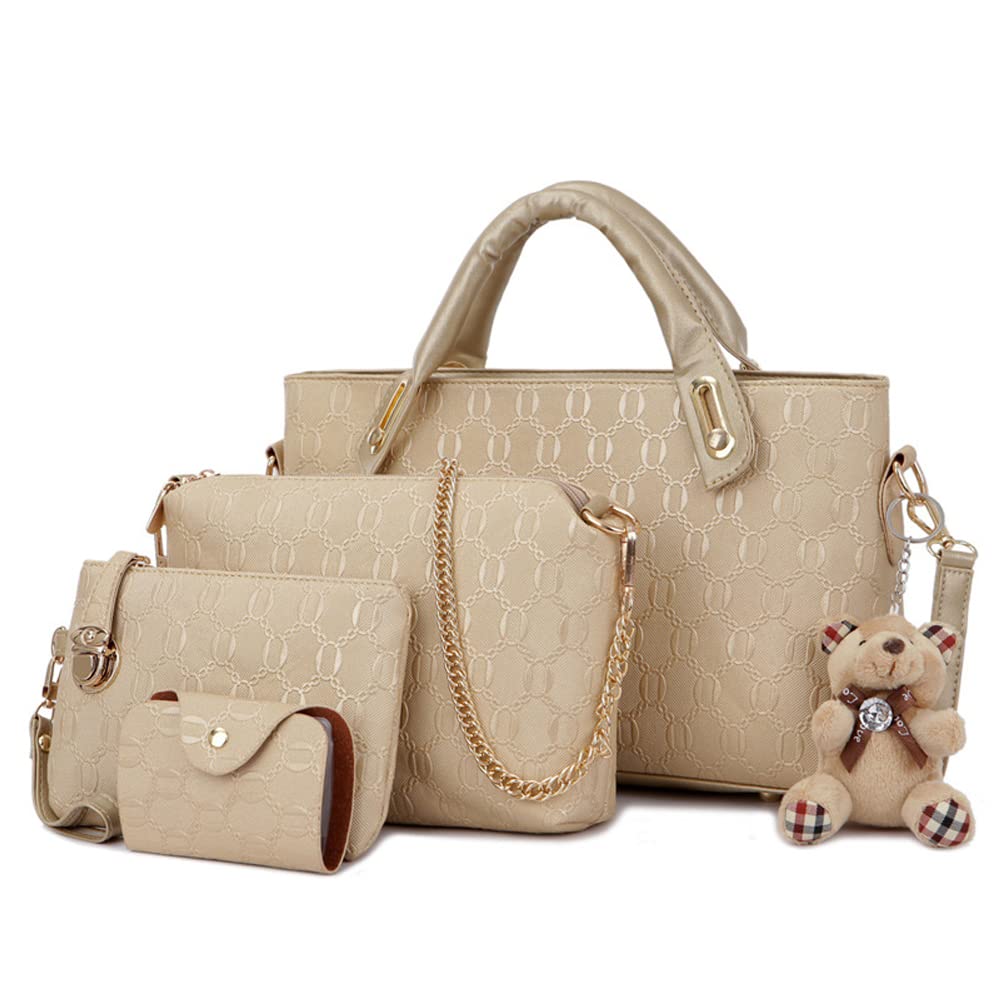 **Dayfine 4-Piece Women's Handbag Set - Printed Leather Tote, Crossbody Shoulder Bag, Wallet & Clutch - Cute Bear Design for Work, Travel & Daily Use**