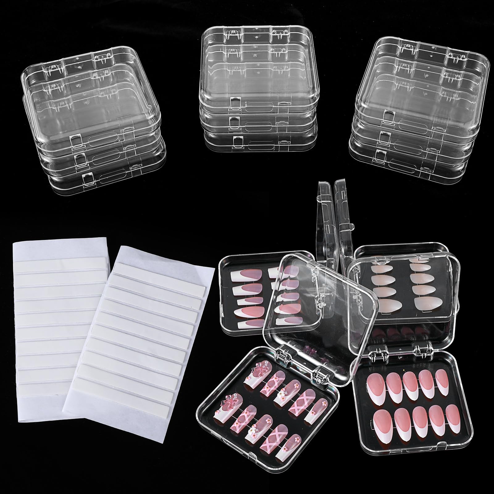 9-Pack Press On Nail Storage Box with 30 Double-Sided Adhesive Tapes - Acrylic Nail Organizer Display Case for Salon & Home Use - Perfect for Nail Artists, DIY Enthusiasts and Gift Giving
