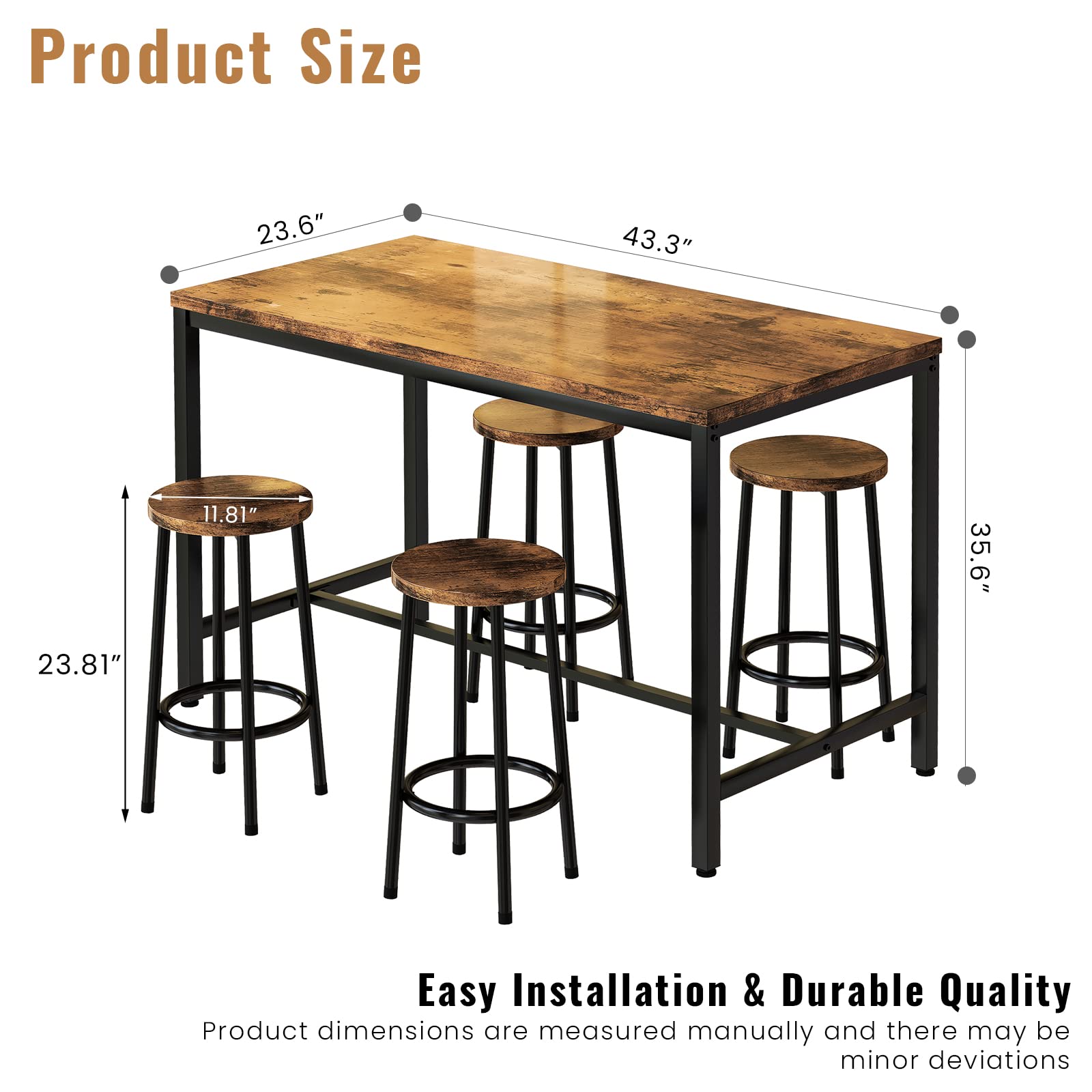 Modern 5-Piece Dining Table Set for 4 - Wooden Top with Adjustable Metal Legs, Compact Kitchen Table & Chairs for Small Spaces | Perfect for Apartments, Breakfast Nooks & Cozy Dining Areas