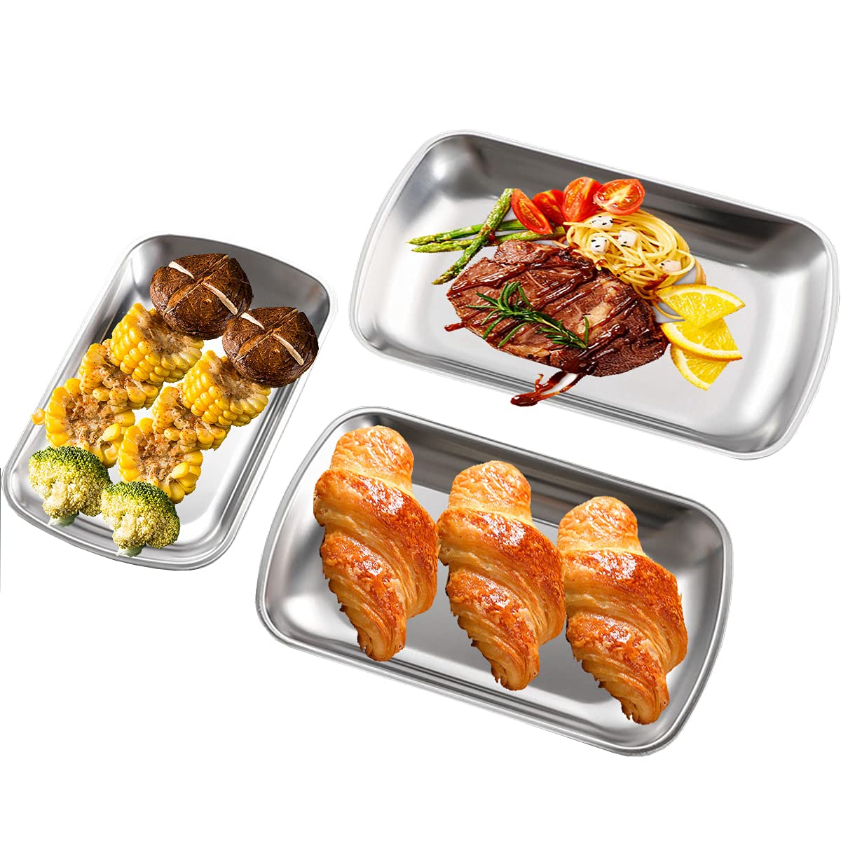3-Piece Stainless Steel Dinner Plate Set - 304 Food-Grade Rectangular Metal Plates for Adults & Kids (7.1
