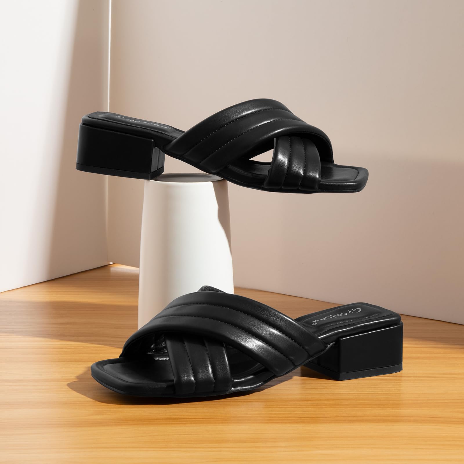 Greatonu Women's Chunky Heel Sandals - Square Open Toe Mules with Cross Strap Design for Summer | Comfortable Dressy Shoes for Women | Perfect for Beach, Party, and Casual Outfits