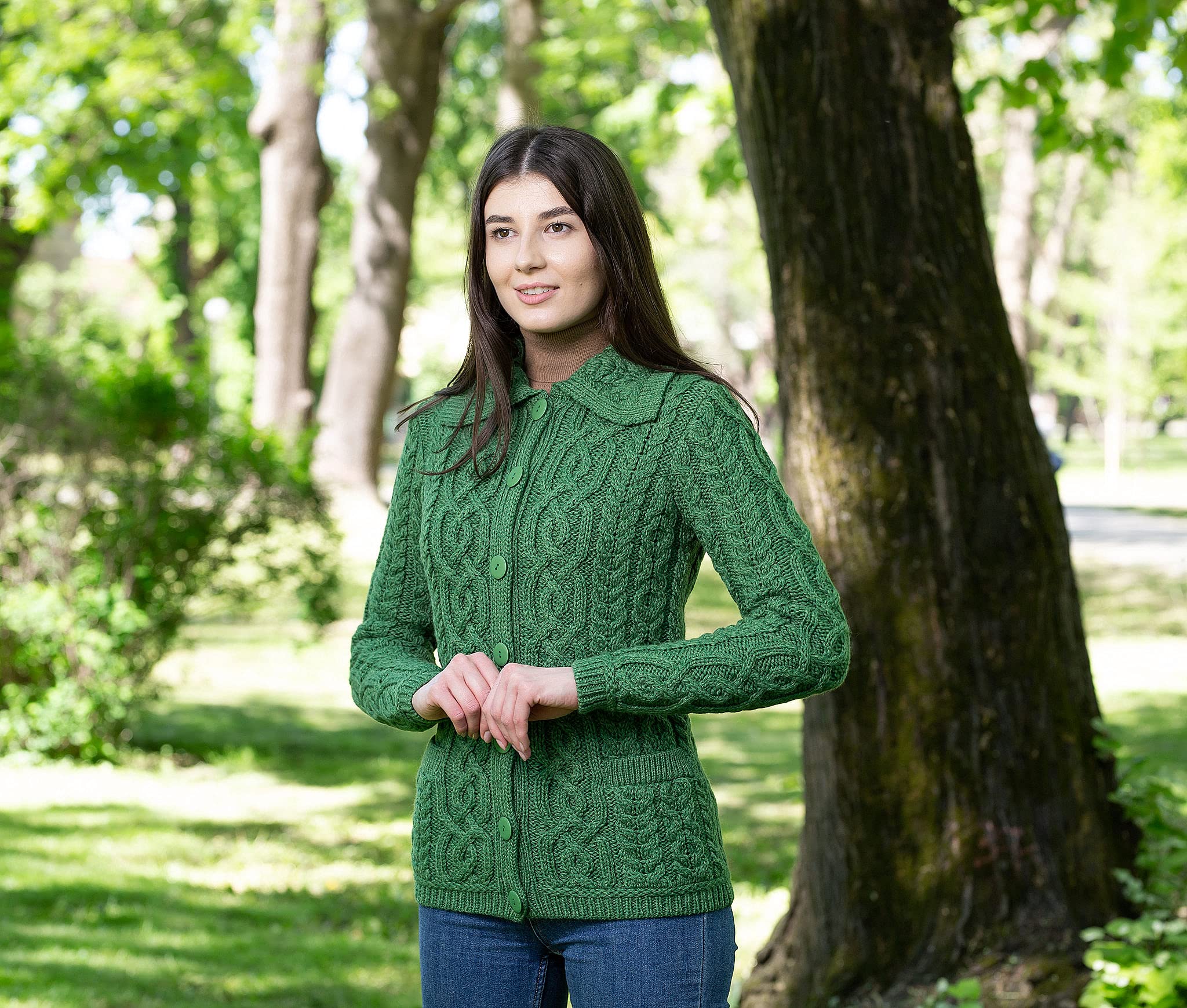 SAOL Women's 100% Merino Wool Irish Aran Cardigan Sweater - Celtic Knit Design with Pockets | Warm Winter Coat for Casual Outings & Office Wear