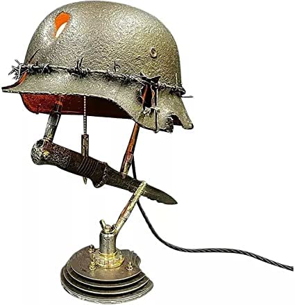 Vintage War Relic Table Lamp - Handcrafted Resin Helmets Statue Desk Lamp for Home & Office Decor - Perfect for Military History Enthusiasts & Unique Gift Ideas