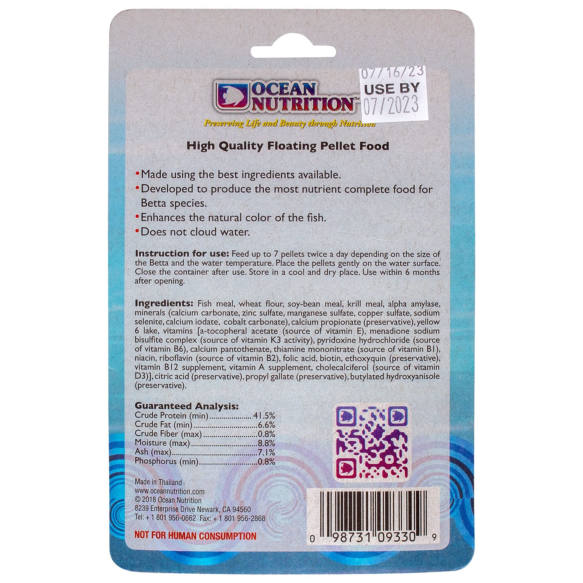 Premium Betta Fish Food - Ocean Nutrition High Protein (41.5%) Pellets with Natural Ingredients | Color Enhancer | No Water Clouding | Ideal for All Betta Fish | 0.53 oz (15 g) | Perfect for Daily Feeding & Enhancing Betta Fish Colors