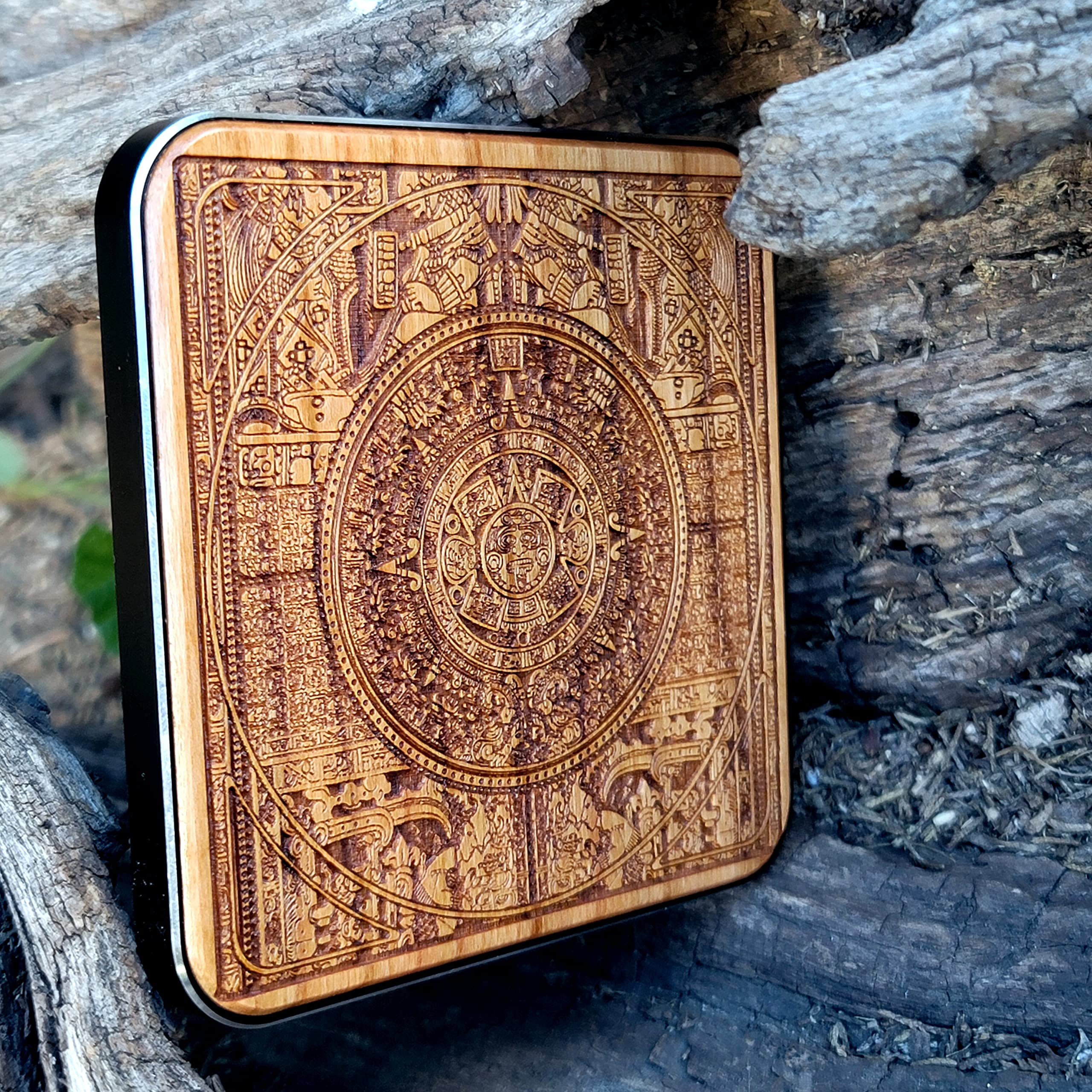 15W Fast Qi Wireless Charger Pad - Laser Engraved Aztec Calendar Cherry Wood with Black Aluminum Base | Compatible with iPhone 16, Galaxy S25/S24 | Tribal Art Desk Decor for Home & Office | Perfect Gift for Tech Lovers & Art Enthusiasts