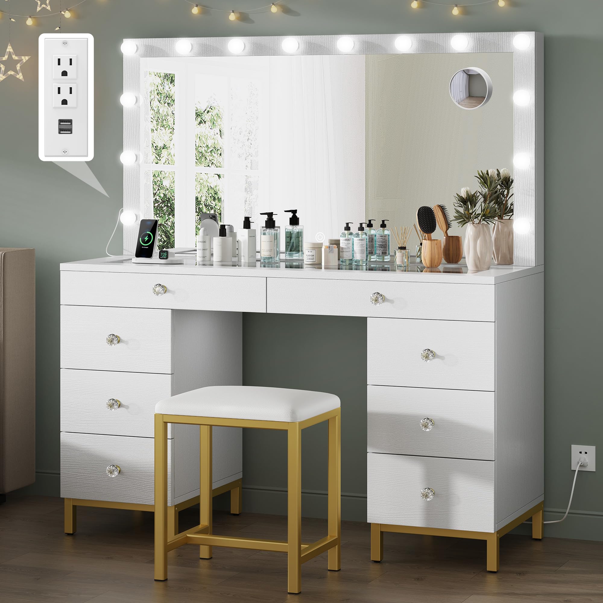 DWVO Vanity Desk with Mirror and Lights - Large Makeup Table with 8 Drawers, Power Outlet & Dimmable 3-Color LED Lighting - White Vanity Set for Bedroom, Dressing Room & Home Salon - Perfect for Makeup Application, Skincare Routine and Beauty Organization