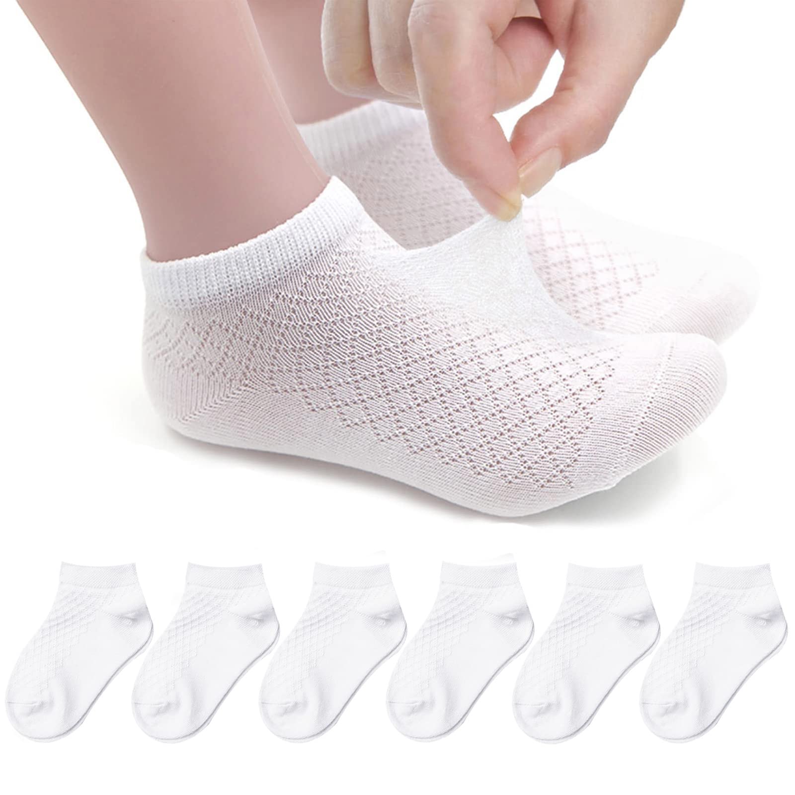 6 Pairs Baby Girls & Boys Mesh Breathable Thin Socks - Soft No Show Low Cut Ankle Socks for Toddlers & Little Kids - Unisex White Socks for School, Play & Everyday Comfort