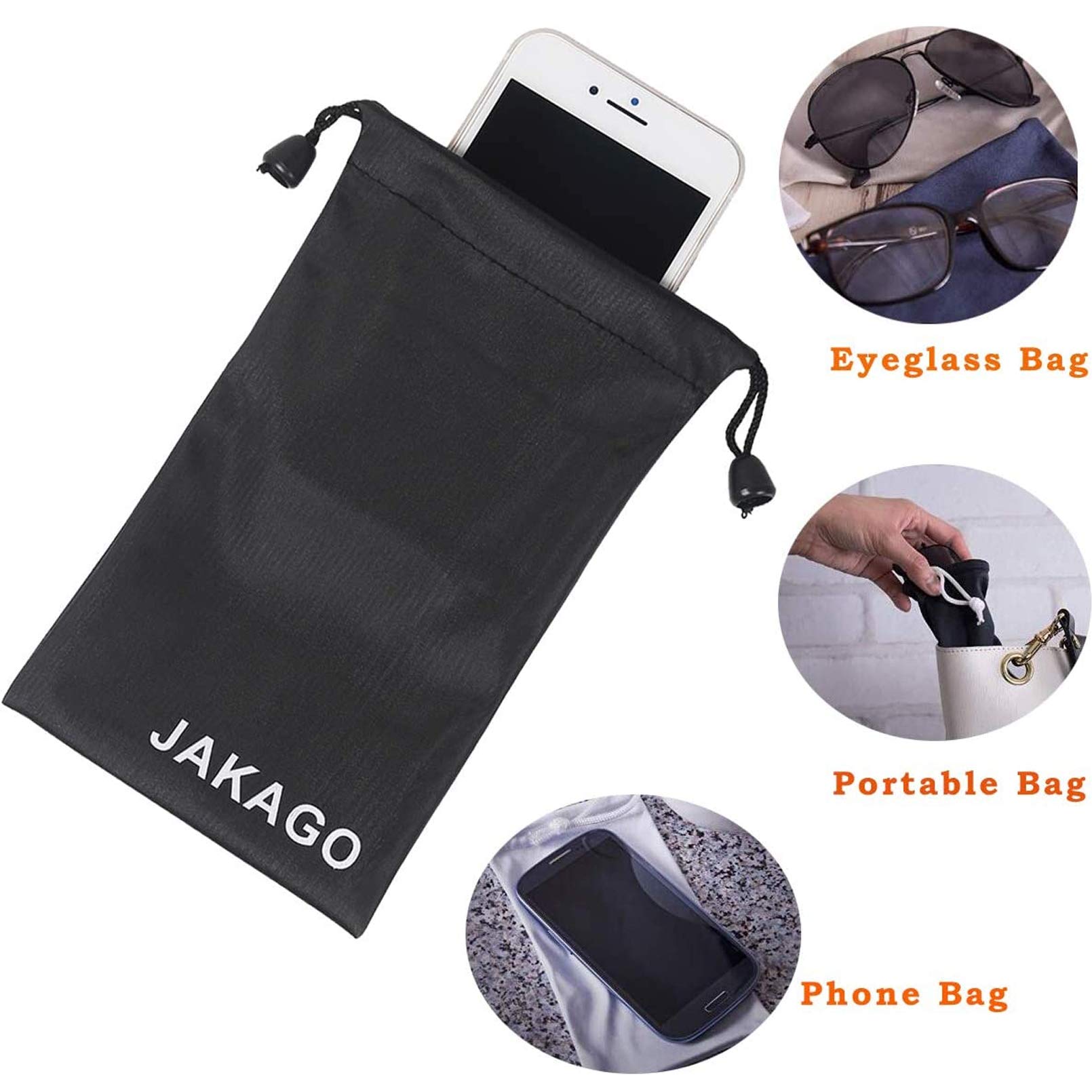 JAKAGO 2 Pack Waterproof Soft Microfiber Storage Bag - Phone Pouch & Sunglasses Case with Drawstring Closure - Perfect for Travel, Gym & Electronic Gadgets Protection