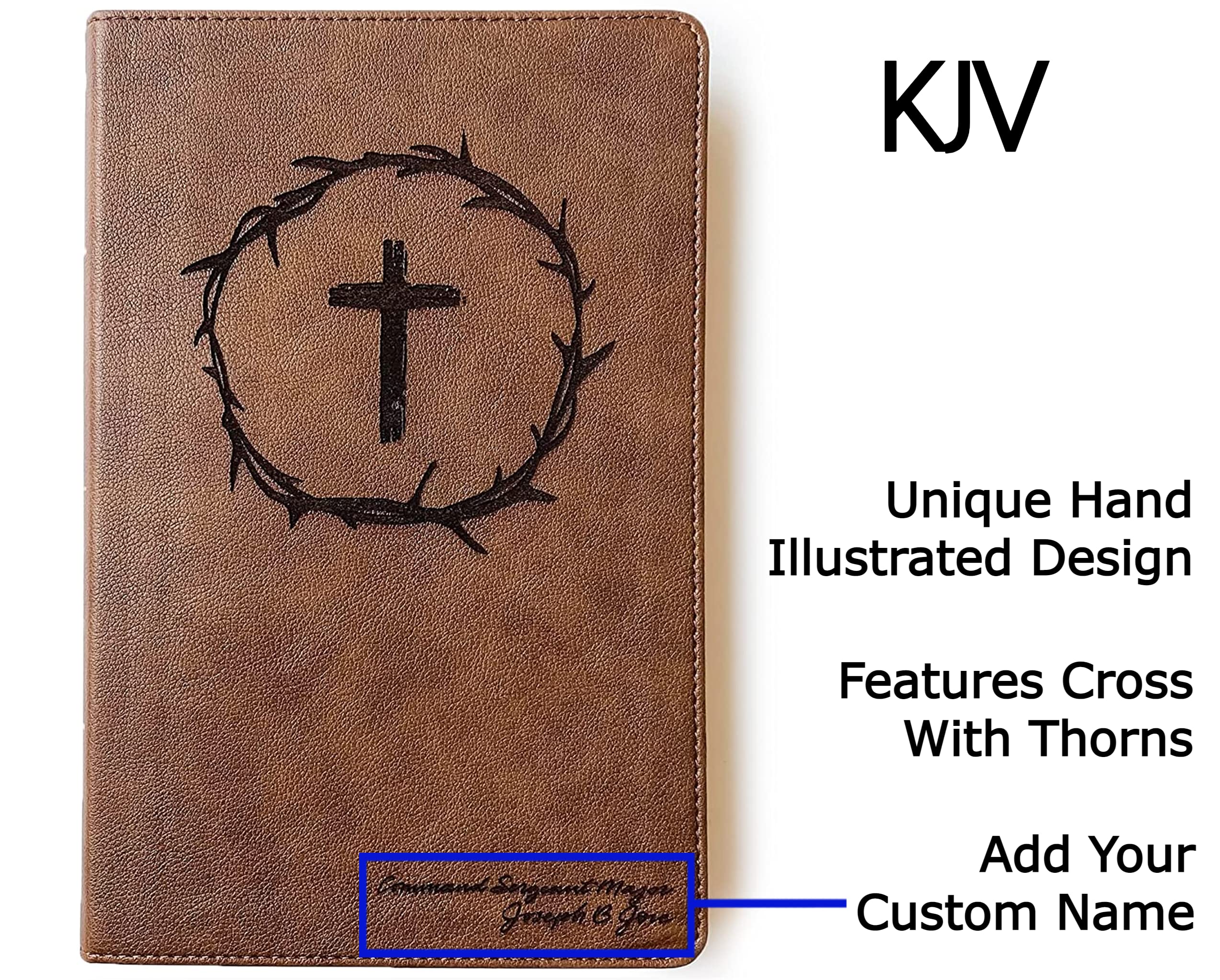 Hand Illustrated & Laser Engraved KJV Bible - Premium Leathertouch Brown Cover with Custom Name Engraving - Personalized Christian Gift for Weddings, Baptisms, Graduations & Birthdays - Perfect for Daily Devotion, Bible Study & Special Occasions