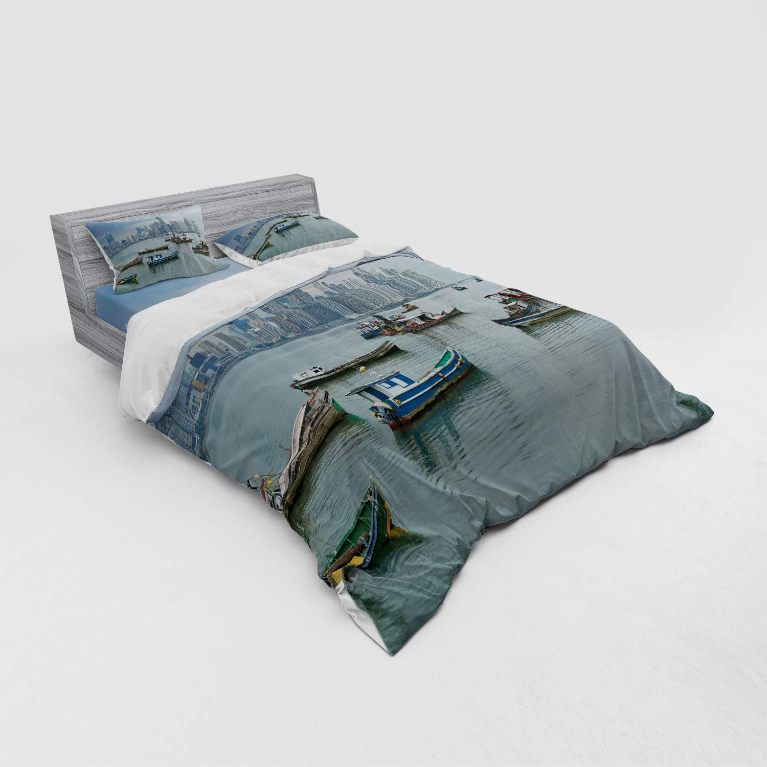 Ambesonne Landscape Duvet Cover Set - Anchored Fishing Boats & Skyscrapers Panama Cityscape Pacific Coast Design - 4 Piece Queen Size Bedding Set with Shams & Fitted Sheet - Perfect for Coastal Themed Bedrooms & Vacation Home Decor