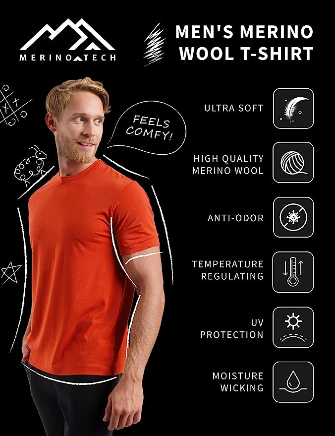 Premium Men's Merino Wool T-Shirt 165 - Burgundy Wine Color with Bonus Socks | Soft Breathable Base Layer for Hiking, Travel & Everyday Wear