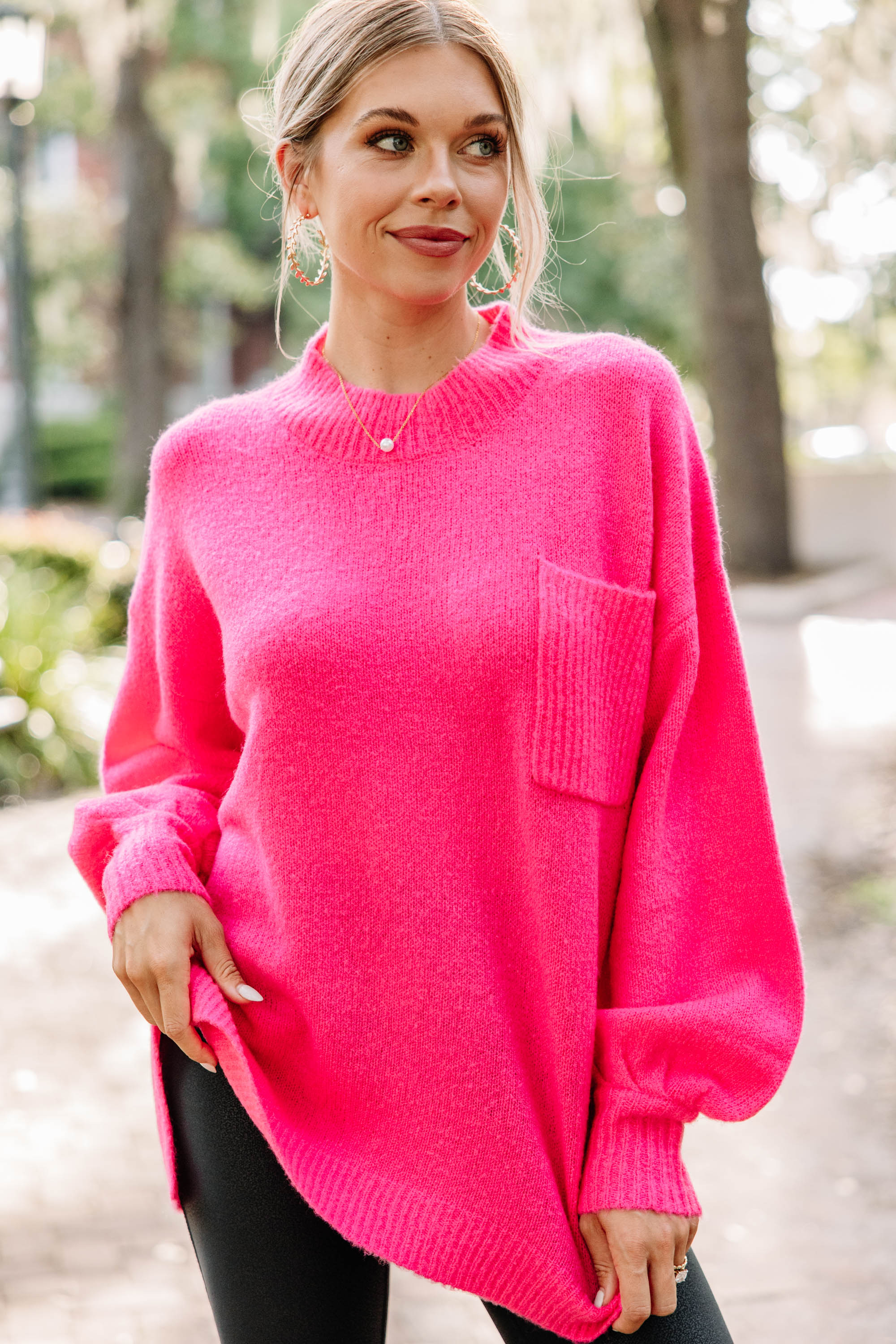 Fuchsia Pink Bubble Sleeve Sweater for Women - Trendy Knit Pullover with Puffy Sleeves - Perfect for Date Nights, Office Wear & Fall Fashion