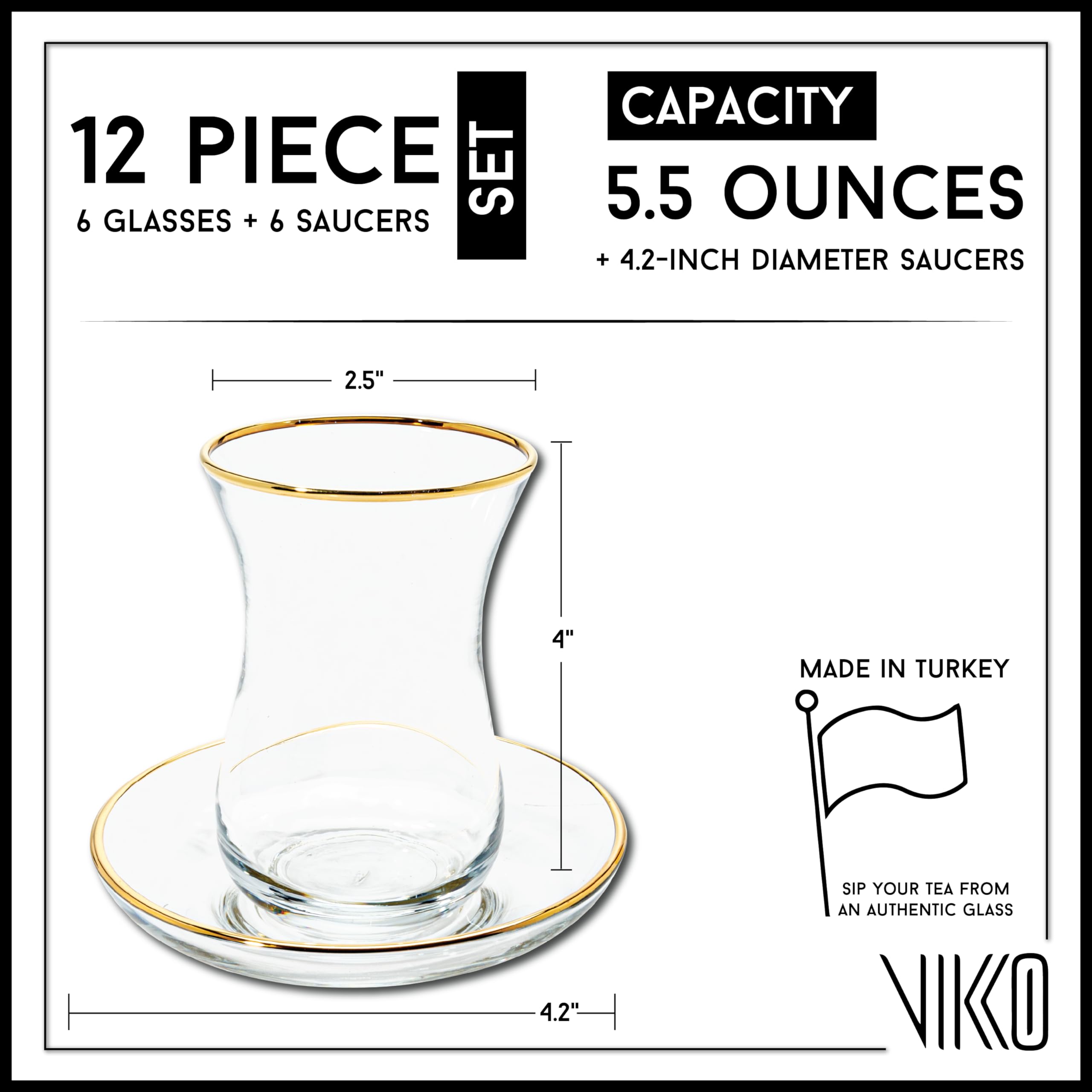 Vikko Turkish Tea Glasses & Saucers Set - 6 Clear Glass Tea Cups with Gold Accents (5.5 Oz Each) & 6 Matching Plates - Authentic Turkish Tea Set for Home, Cafe or Gift